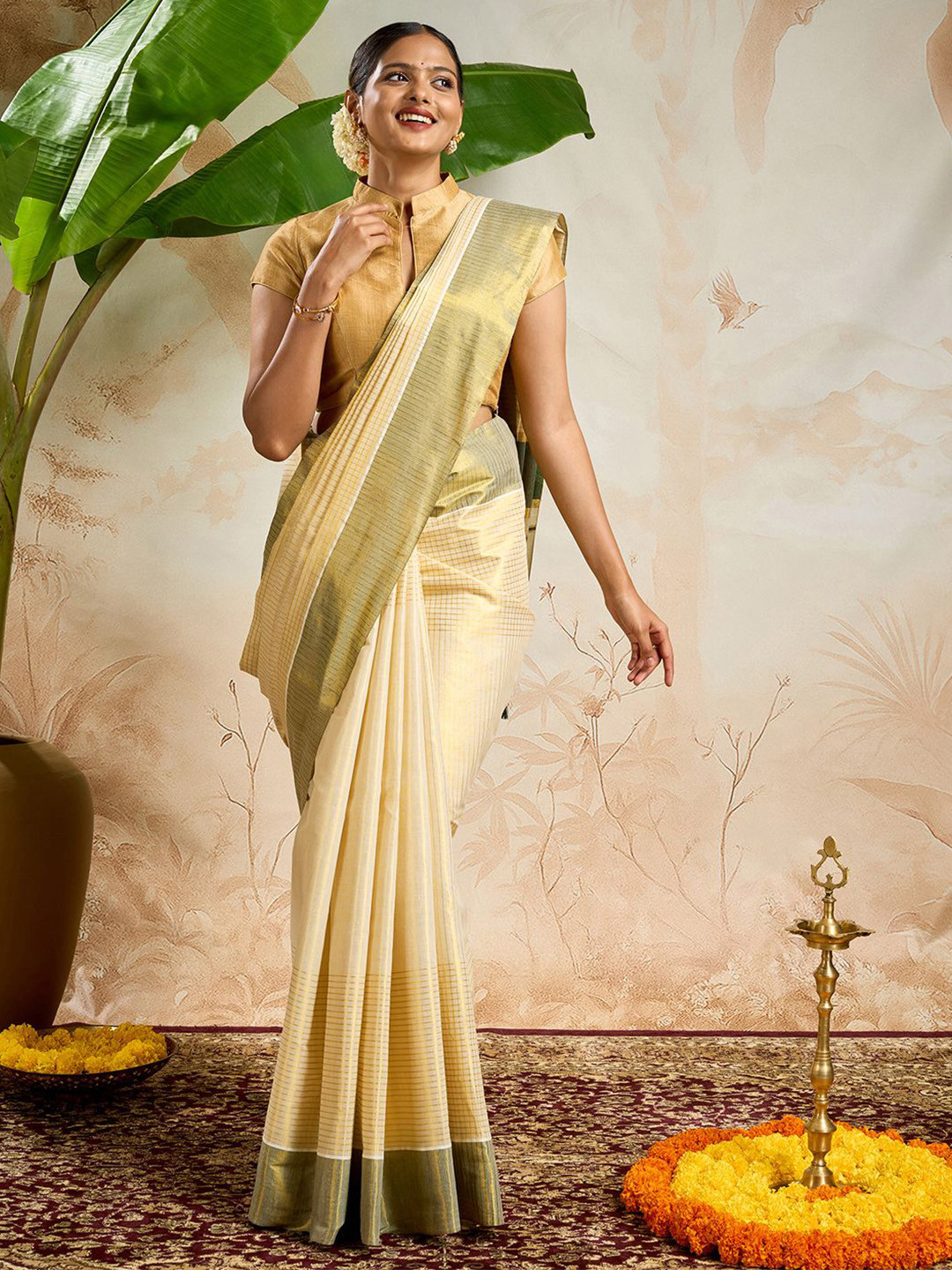 TEEJH Aronya Checked Zari Tissue Kasavu Saree