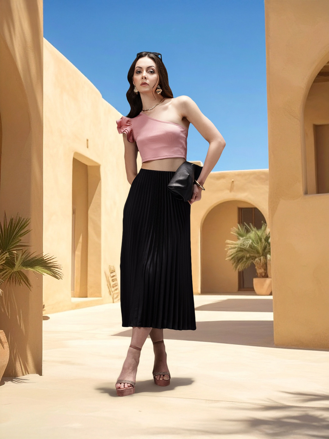 bebe All Day One Shoulder Flutter Sleeve Ruffles Crop Top