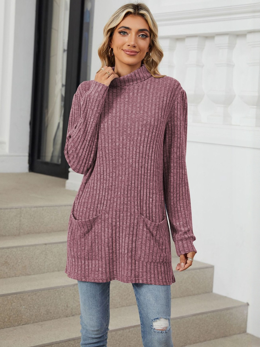 HERE&NOW Women Fuchsia Stripped Long Sleeves Casual Sweaters