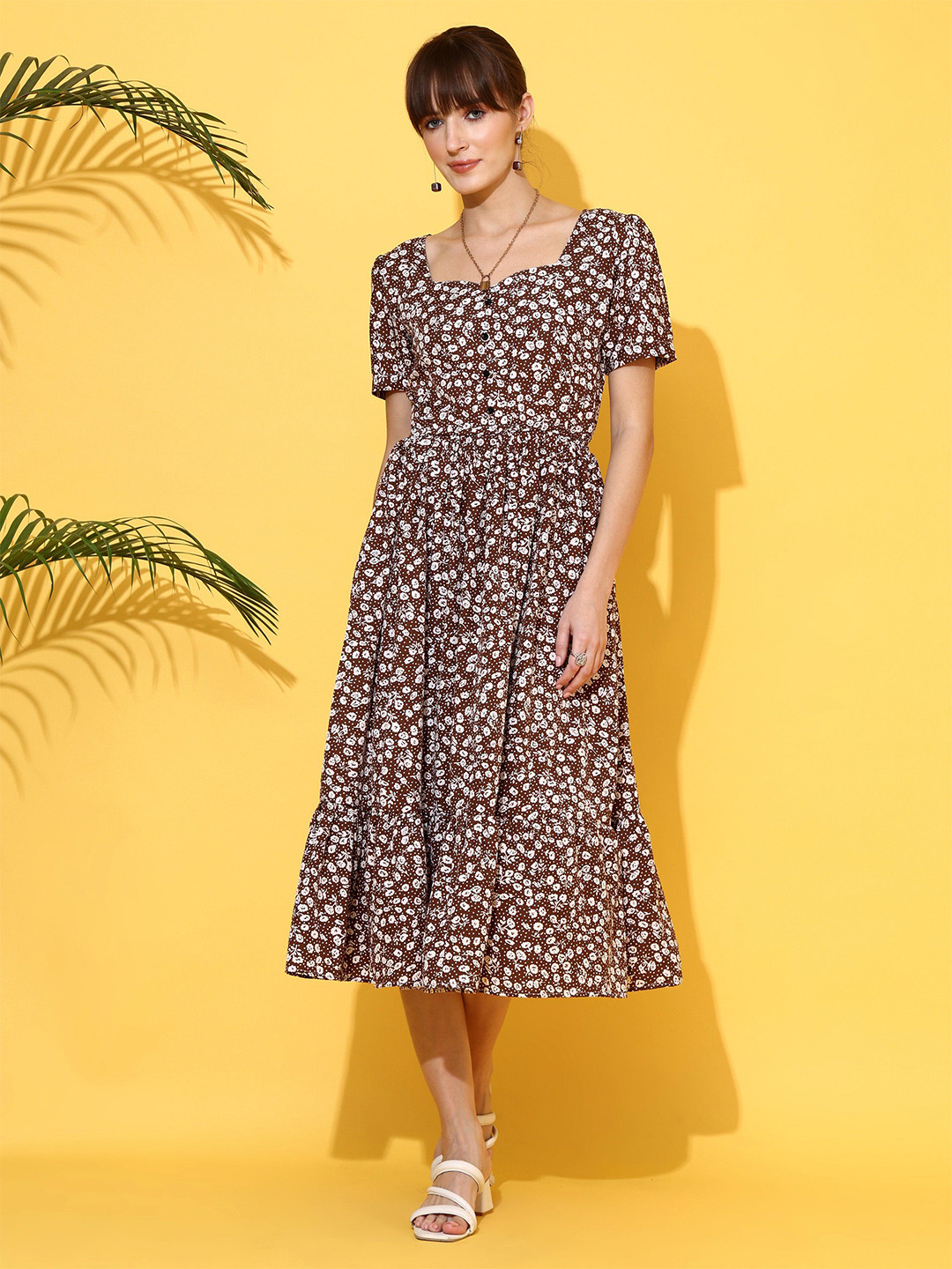 Honky Tonky Women Floral Printed Short Sleeve Tiered Fit & Flare Midi Dress