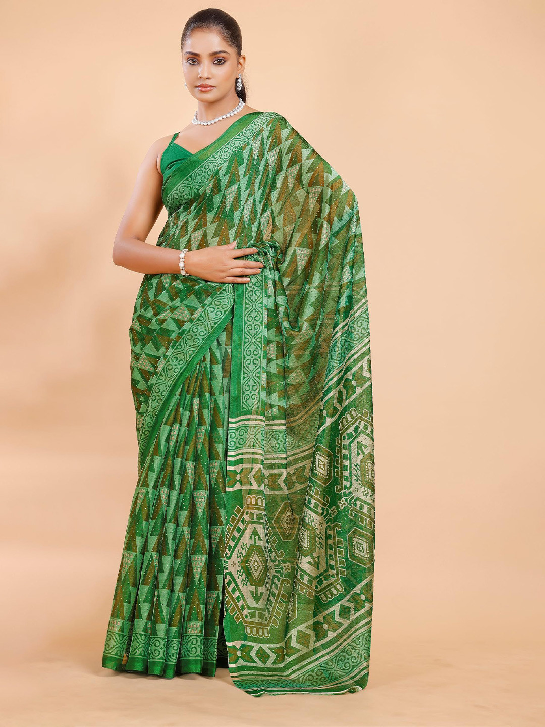Garden Vareli Geometric Printed Shiroski Work Pure Chiffon Saree