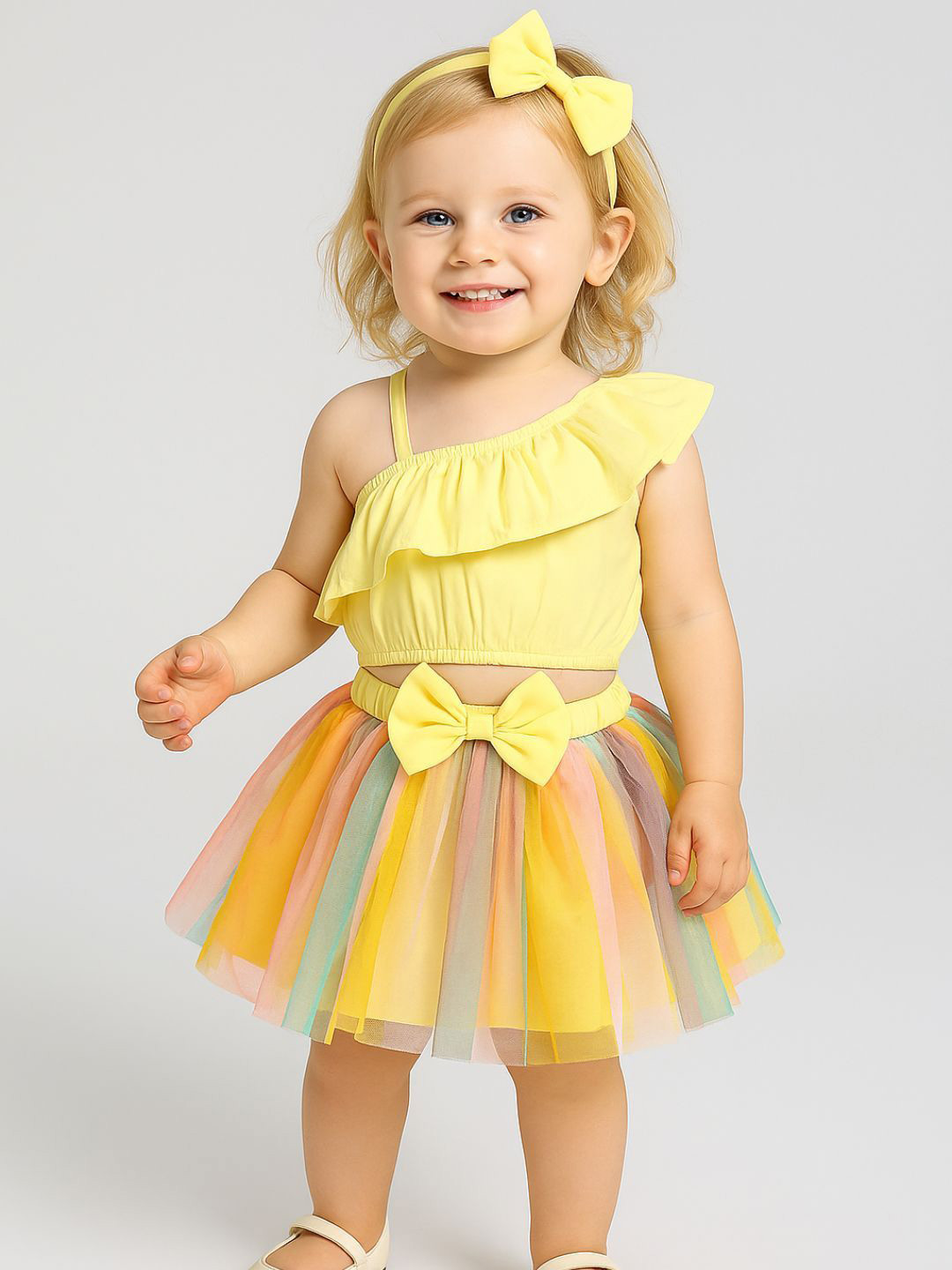 A.T.U.N. Girls One Shoulder Crop Top with Printed Skirt & Matching Headband