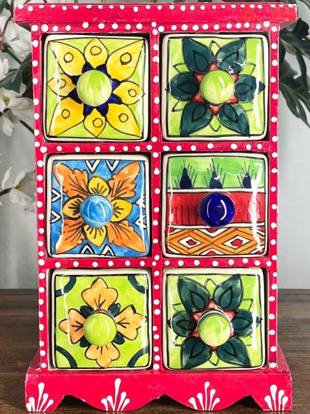 DIWAM HANDICRAFTS Handmade Wooden & Ceramic Drawer Chest Trinket Box