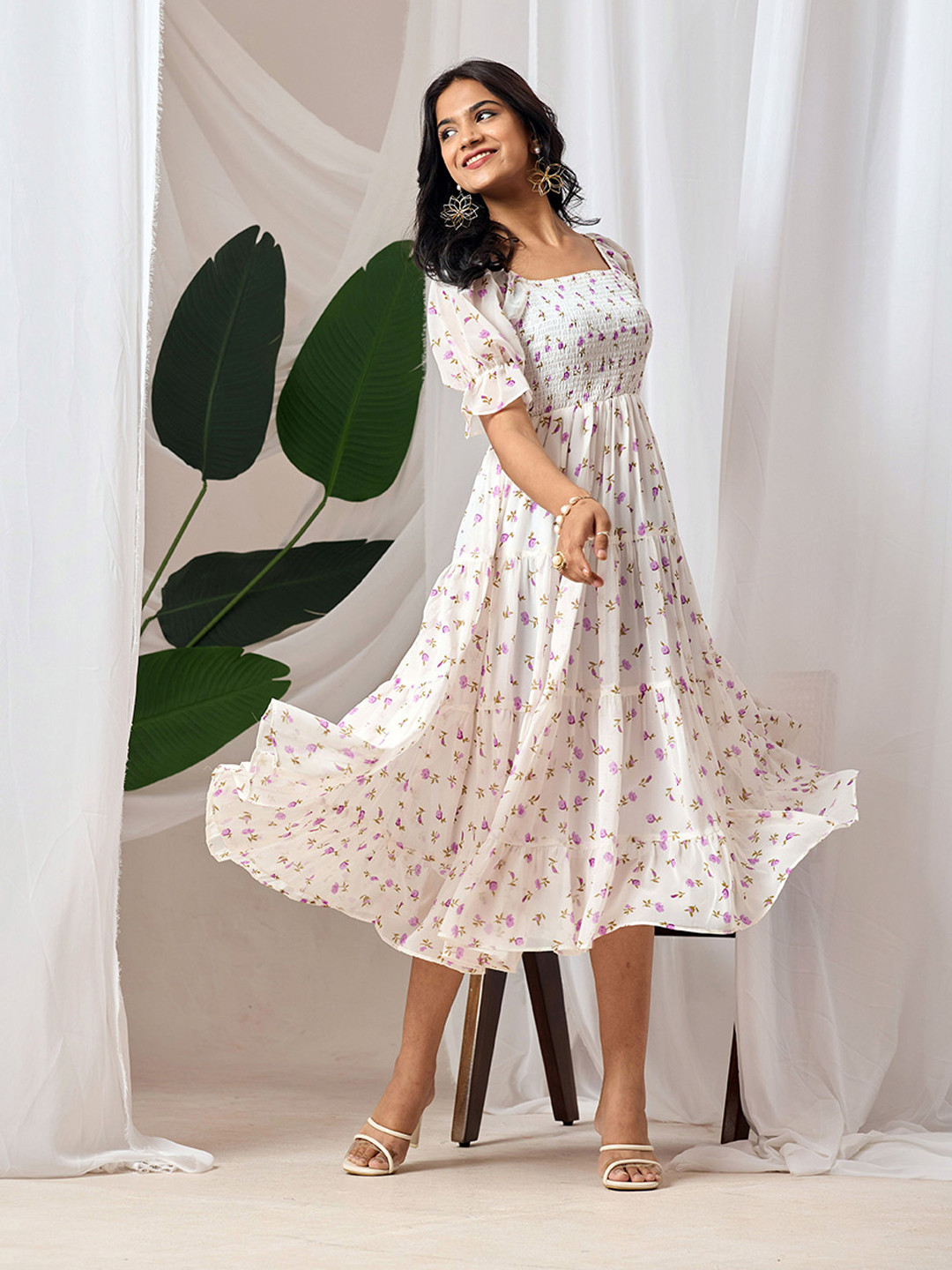 Dream Tree Women Floral Printed Fit-Flare Midi Dress