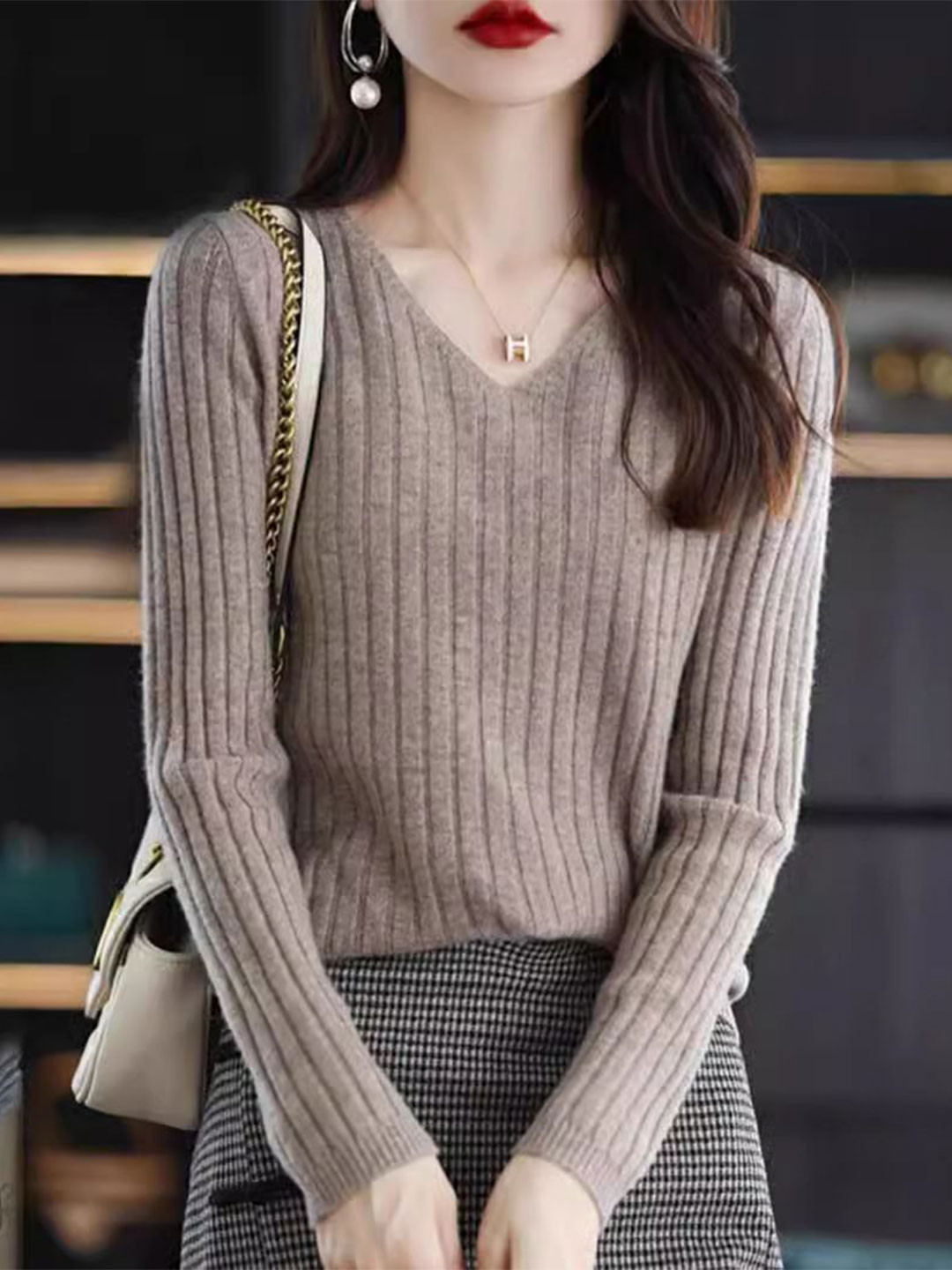 StyleCast Women Vertical Stripes Striped V-Neck Long Sleeve Top