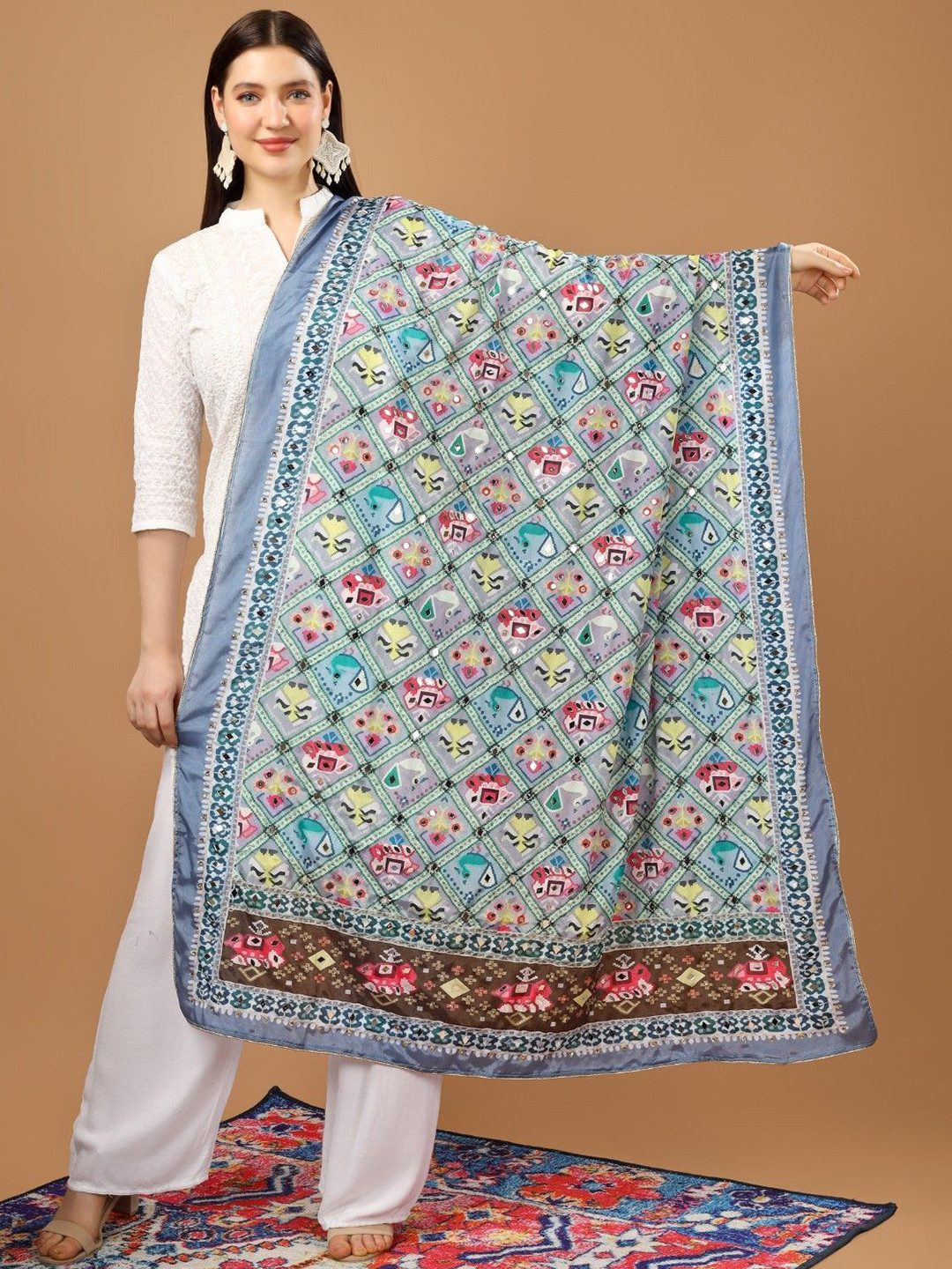 A R SILK DUPATTA HUB Geometric Printed Mirror Work Silk Dupatta