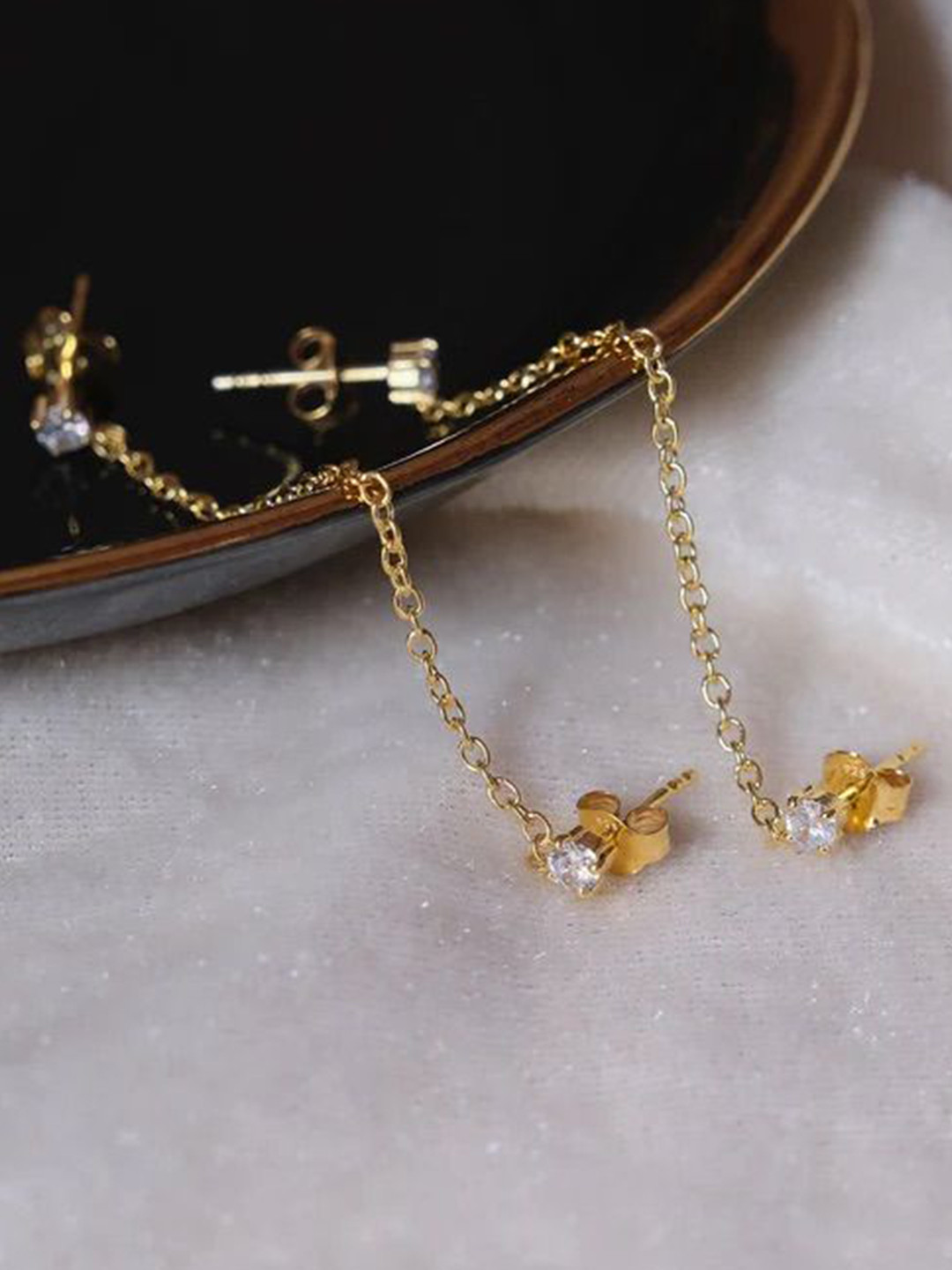 Anushka Jain Jewellery 925 Sterling Silver Gold-Plated Diamond Ear Chain Studs Earrings