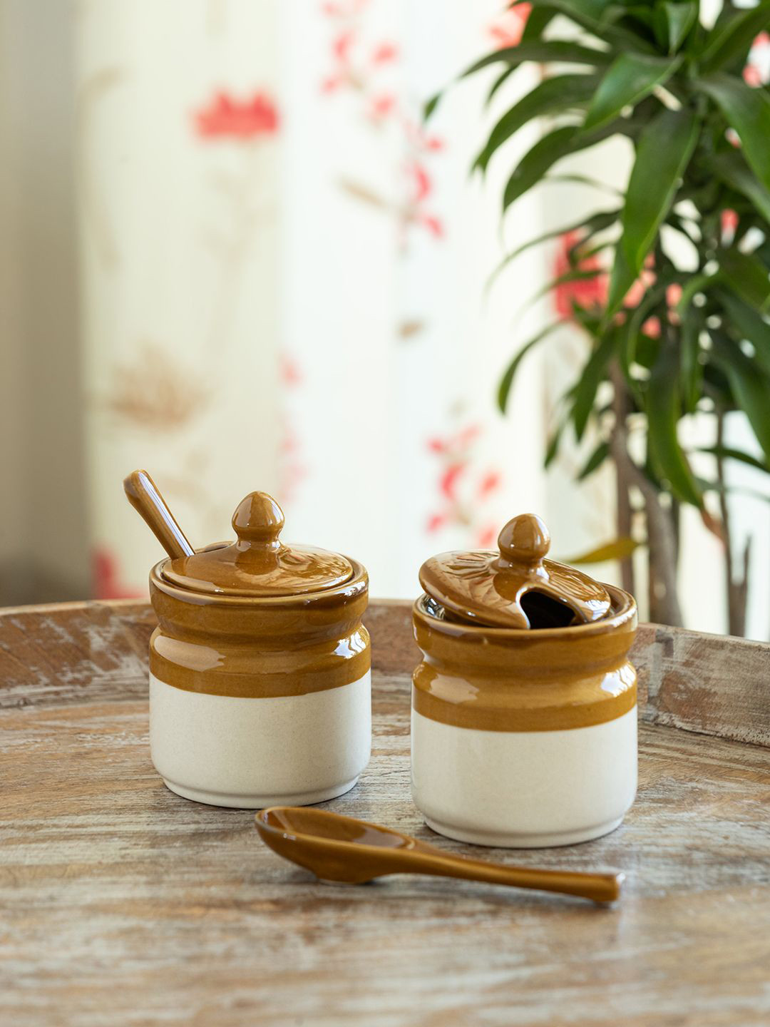 ExclusiveLane Barni Tales Brown 2 Pieces Ceramic Pickle & Chutney Jars 270ml With Spoons