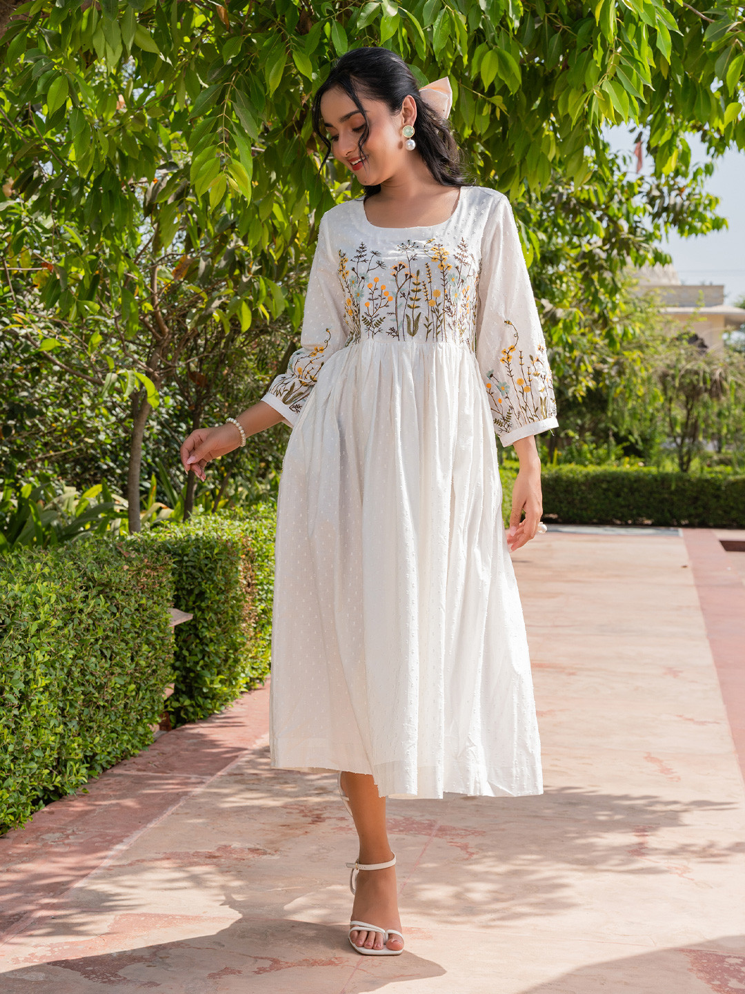 SAVI Women Ethnic Motif Embroidered Designer Fit & Flare Cotton Midi Dress