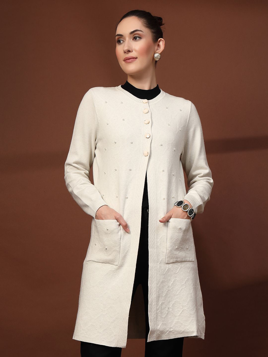 Mafadeny Women Embellished Front button Long Shrug with Pockets