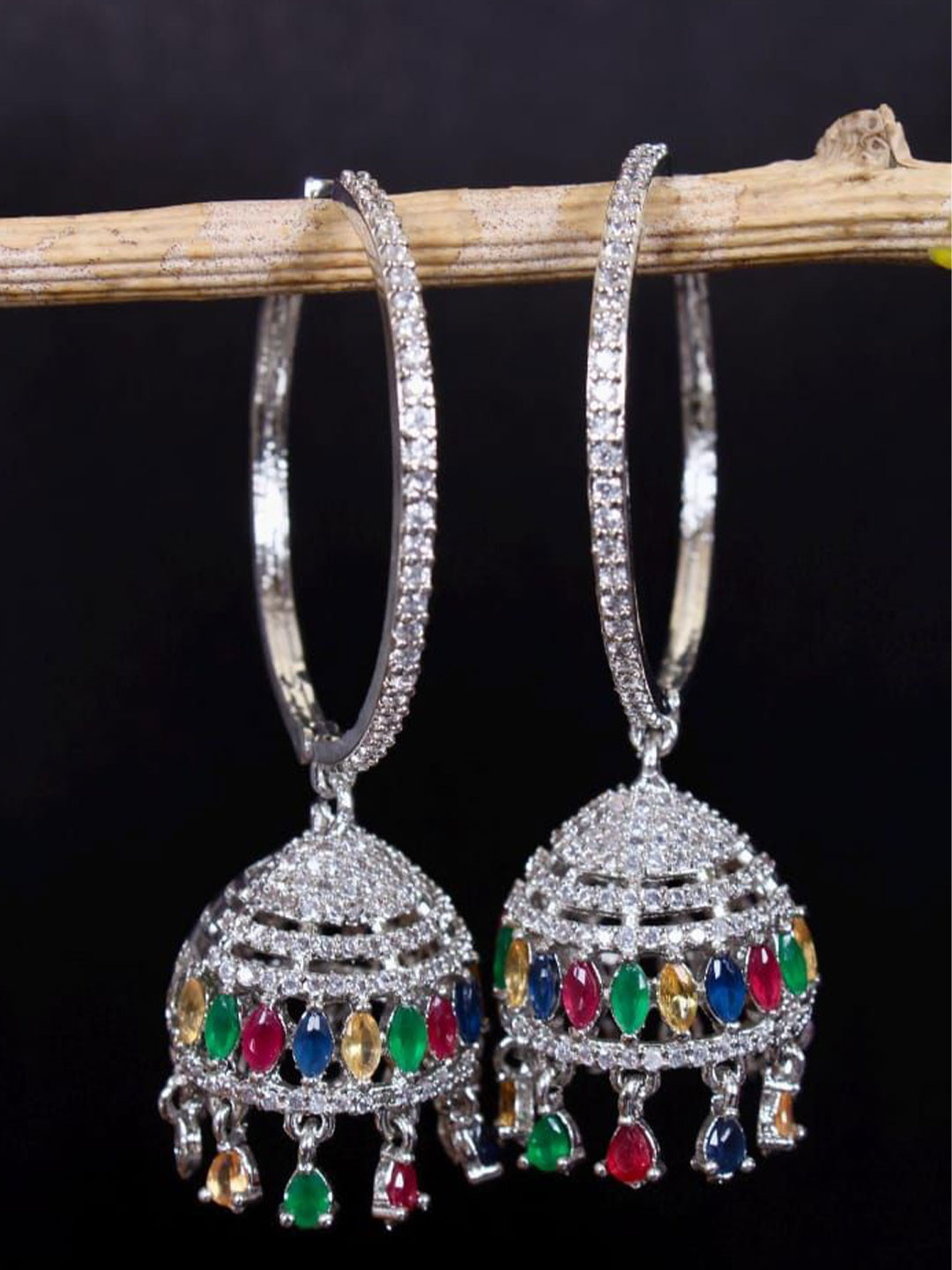 Nakoda Art Jewellery Rhodium-Plated American Diamond Studded Dome Shaped Hoop Earrings