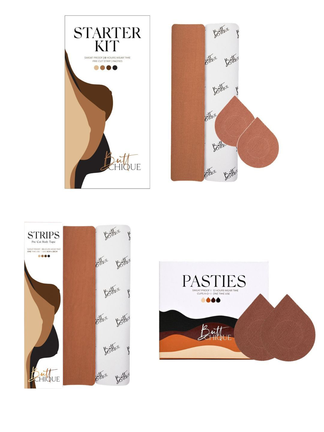 Butt-Chique Sweat Proof 4 Pcs Pasties 2 Pcs Pre-Cut Strips with Starter Kit