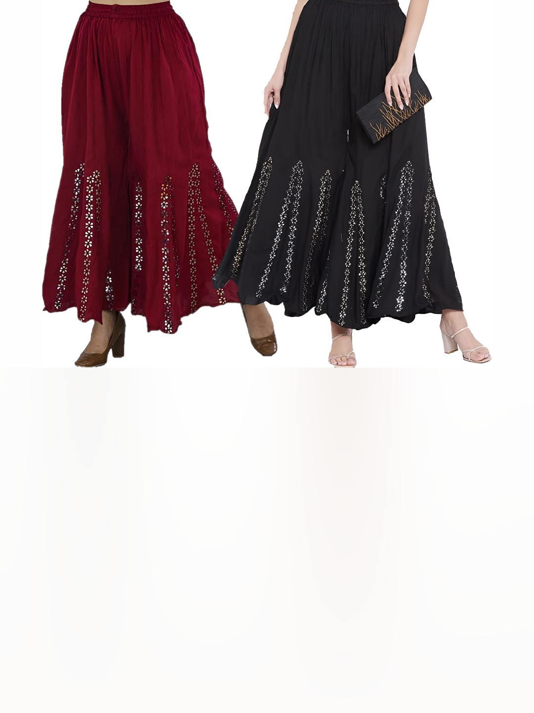 MIXFIT Women Pack of 2 Textured Embellished Flared High-Rise Culottes Trousers