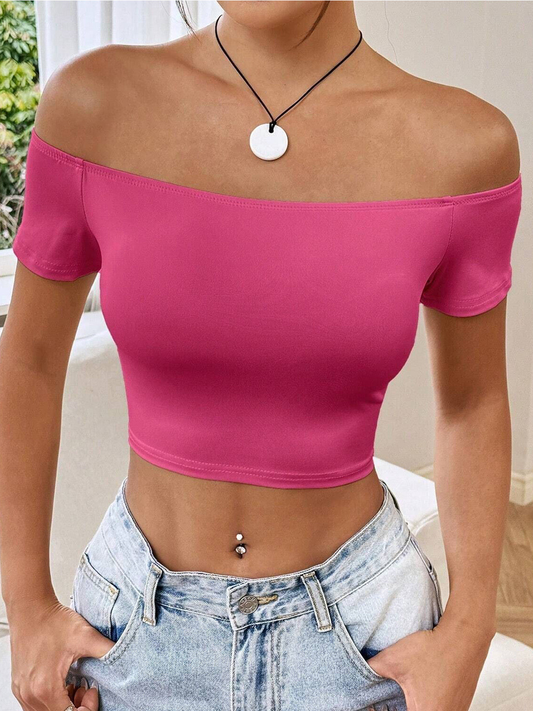 Outzidr Women Off-Shoulder Short Sleeve Crop Top