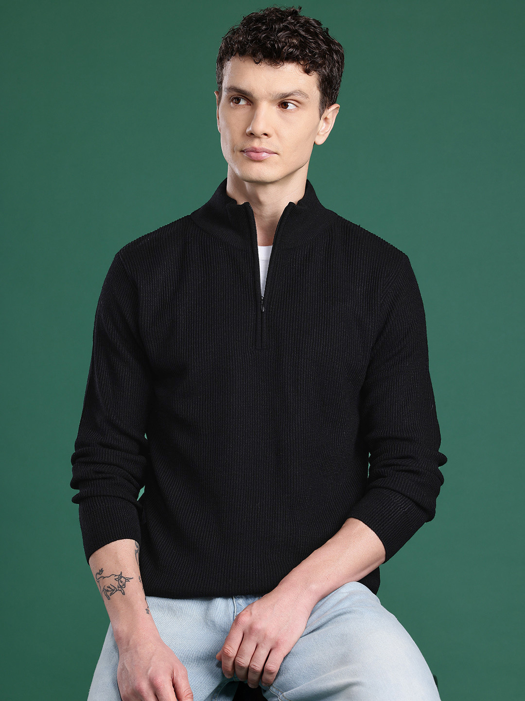 Cayman High Neck Half Zipper Ribbed Woollen Pullover