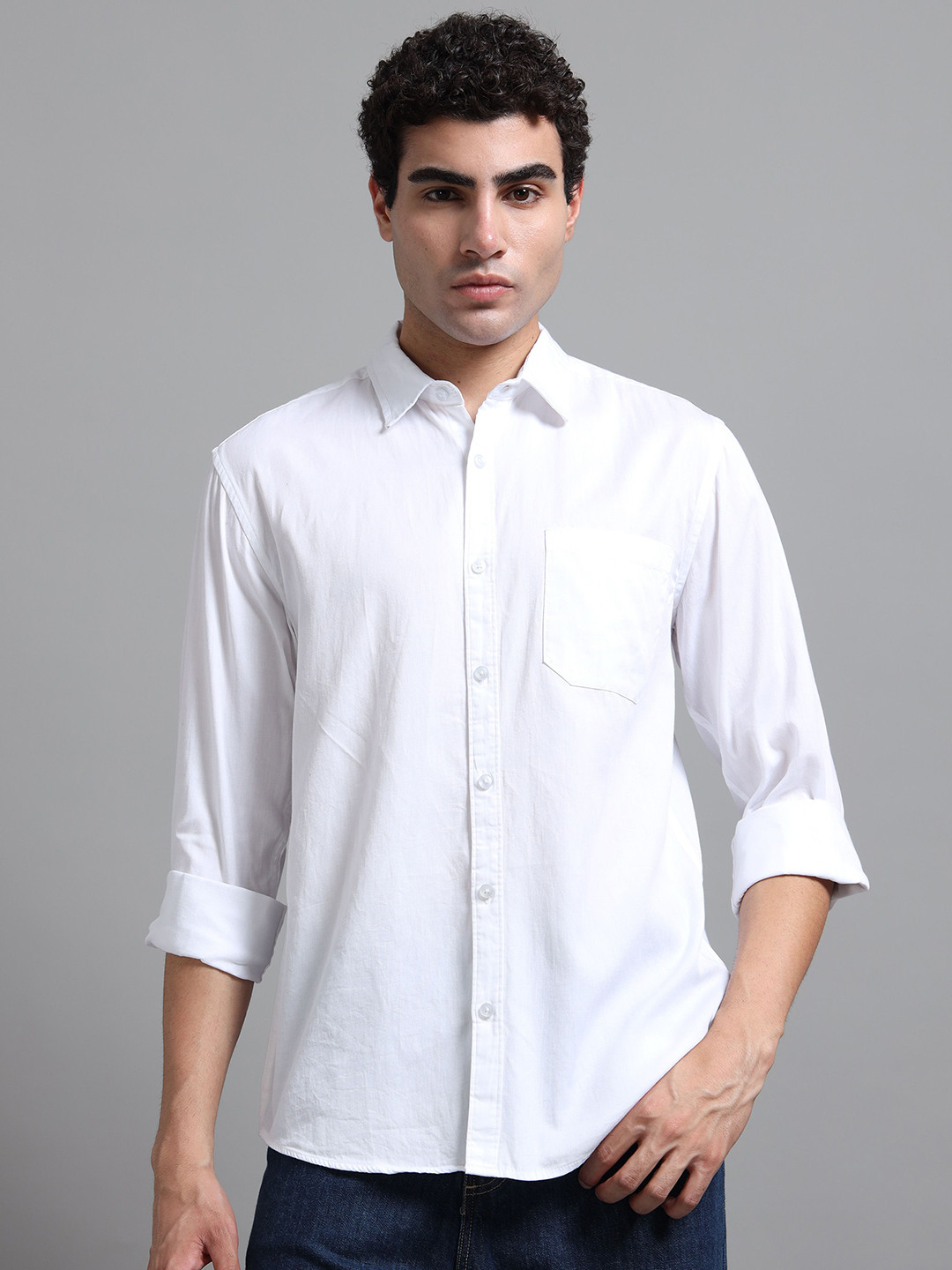 Proword Men Classic Slim Fit Solid Spread Collar Pure Cotton Casual Shirt