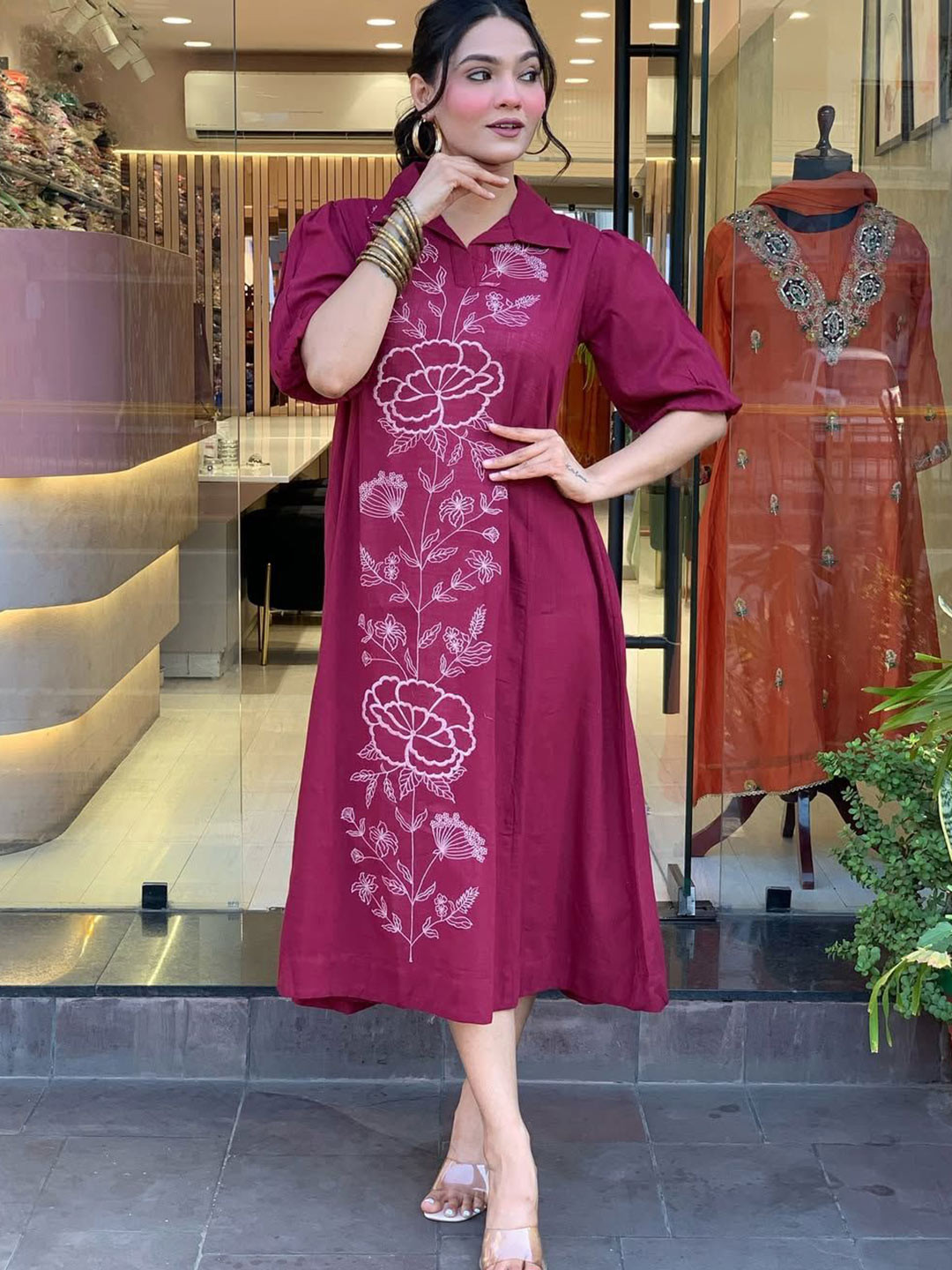 Brand Hill Floral Embroidered Shirt Collar Chanderi Cotton A-line Dress