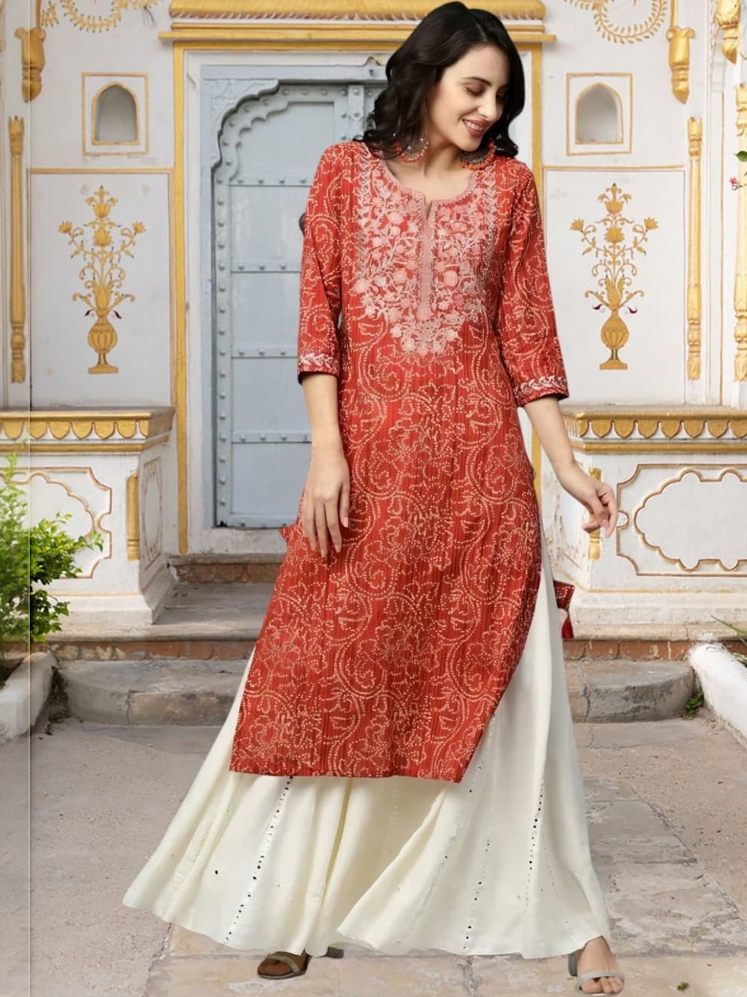 Wowlooks women printed embroidered casual straight kurta