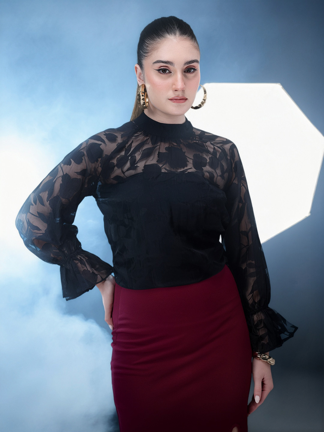 bebe All Day Edit Floral Print Puff Sleeve Sheer Top