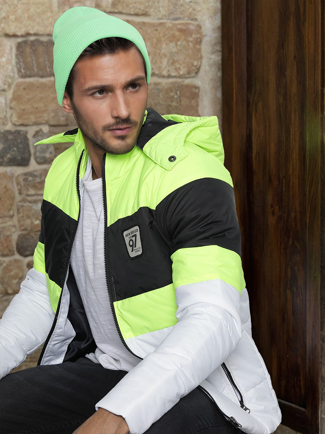 The Indian Garage Co Men Colourblock Slim Fit Puffer Jacket with Detachable Hood