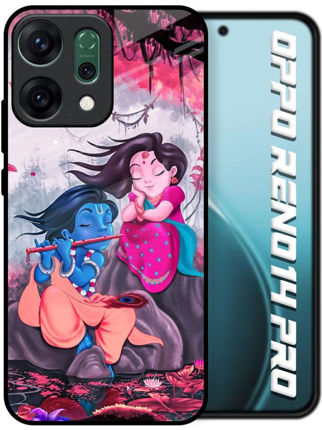 QRIOH Radha Krishna Art Printed Oppo Reno14 Pro 5G Glass Back Case Mobile Accessories