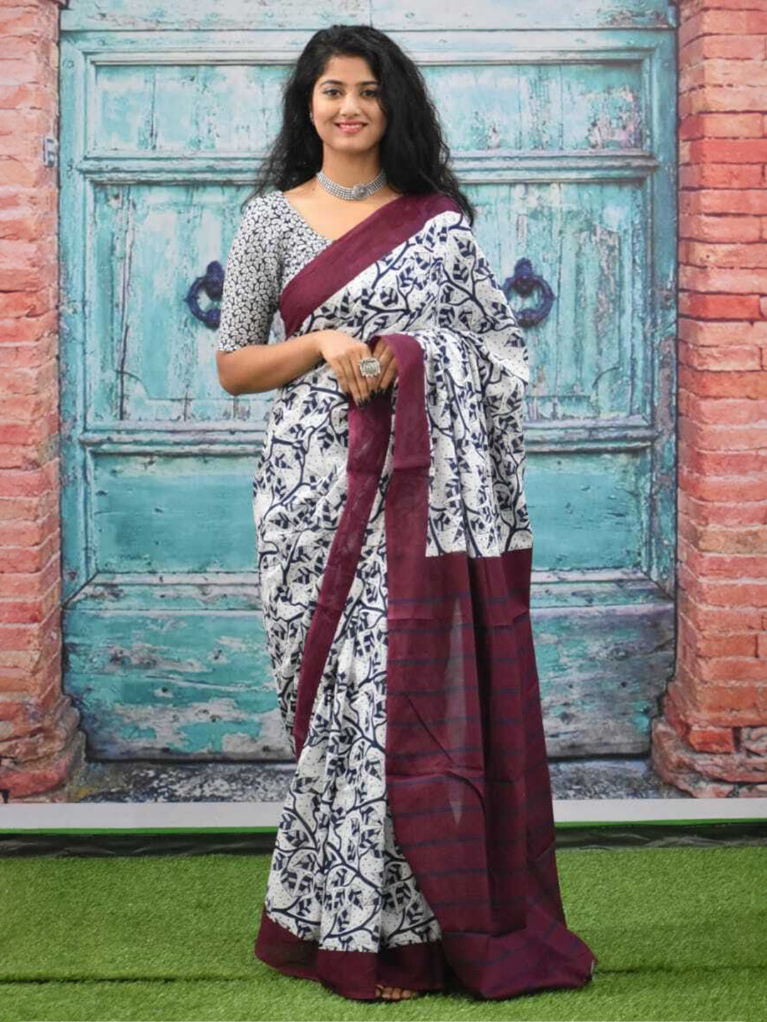 Craft Musium Floral Pure Cotton Block Print Saree With Blouse