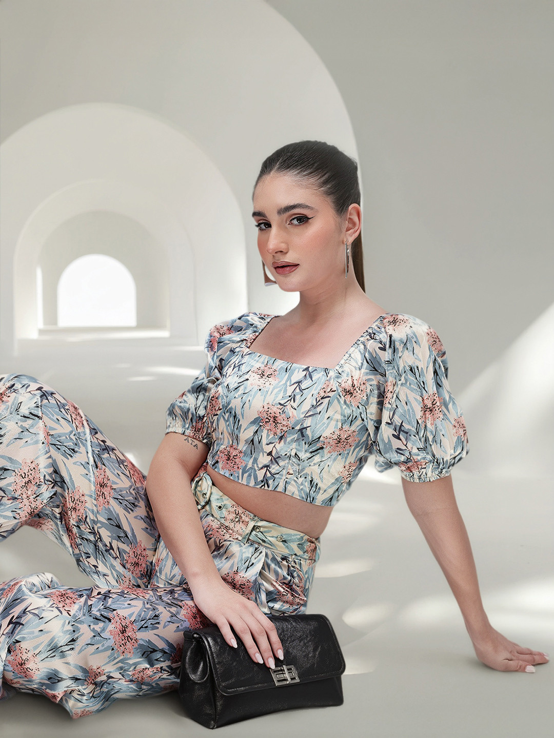 bebe Dose of Vitamin Tropical Print Puff Sleeves Crop Satin Party Top with Flared Trousers