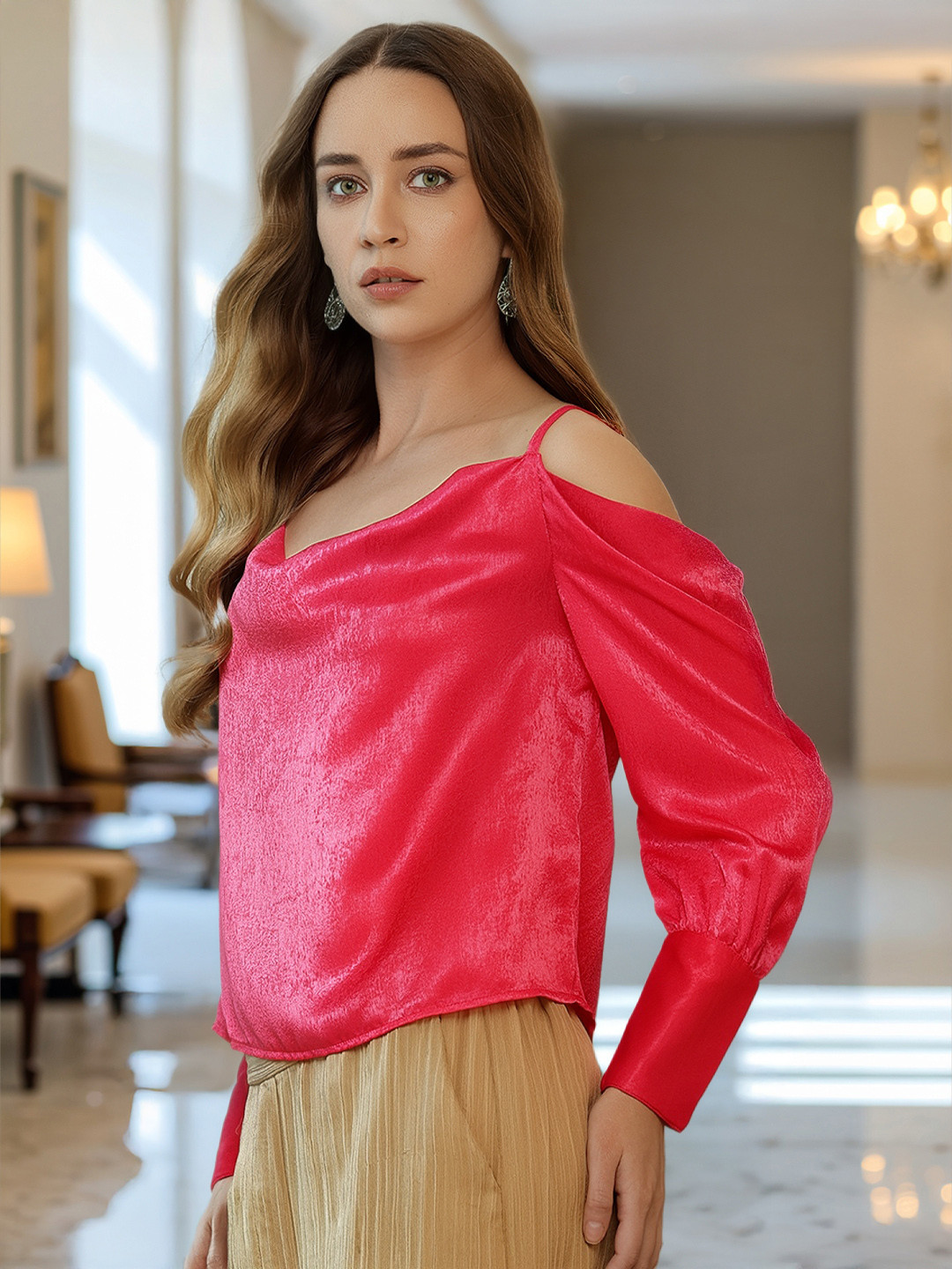 bebe Future Glam Cold-Shoulder Sleeves Sheen Finish Top