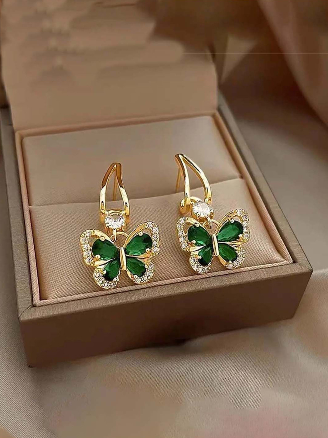 GOLDIWALA Korean Gold-Plated Cubic Zirconia Studded Butterfly Shaped Half Hoop Earrings