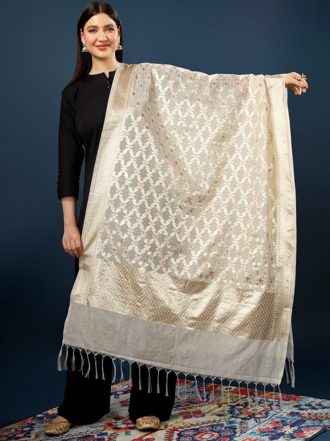 A R SILK DUPATTA HUB Pure barocade Geometric Woven Design Zari Chanderi Dupatta