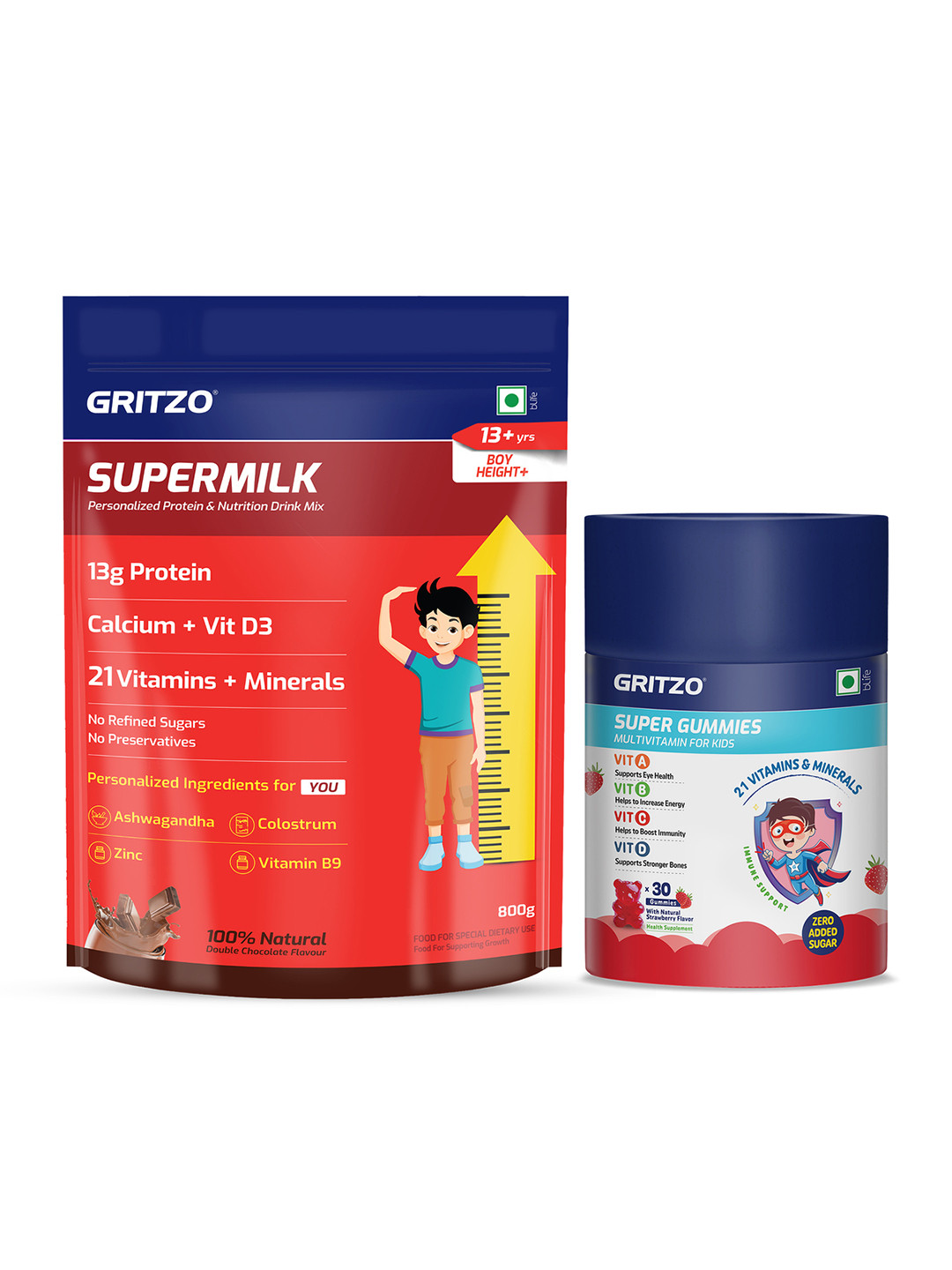 Gritzo SuperMilk Boys Height+ with Super Gummies - 800 g -Strawberry & Double Chocolate