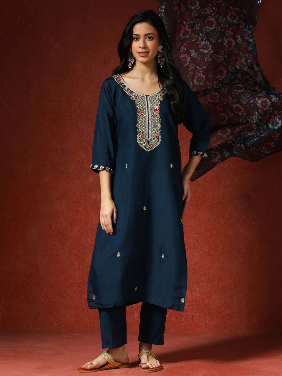 QSH Embroidered Floral Zari Kurta Sets