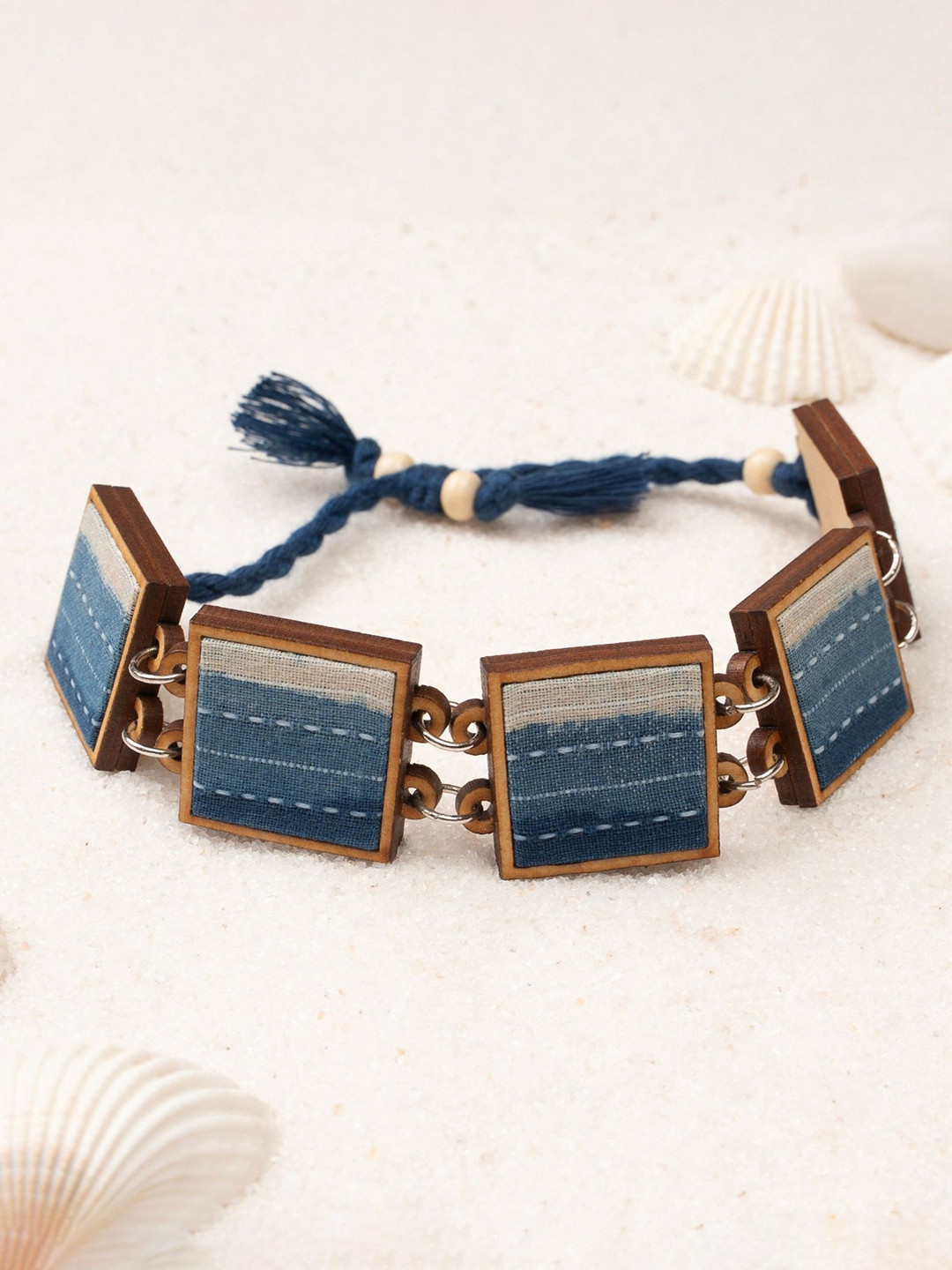 WHE Shades of Indigo Blue Repurposed Fabric and Wood Square Bracelet