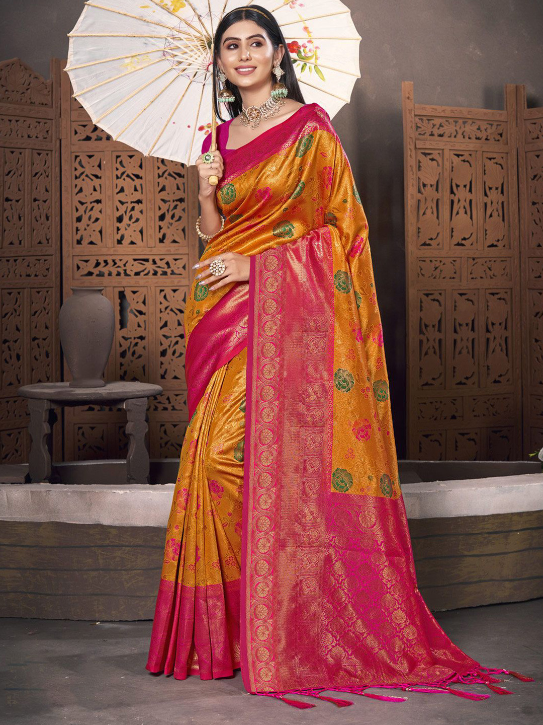 DEVATITHI Yellow Kanjivaram Silk Saree