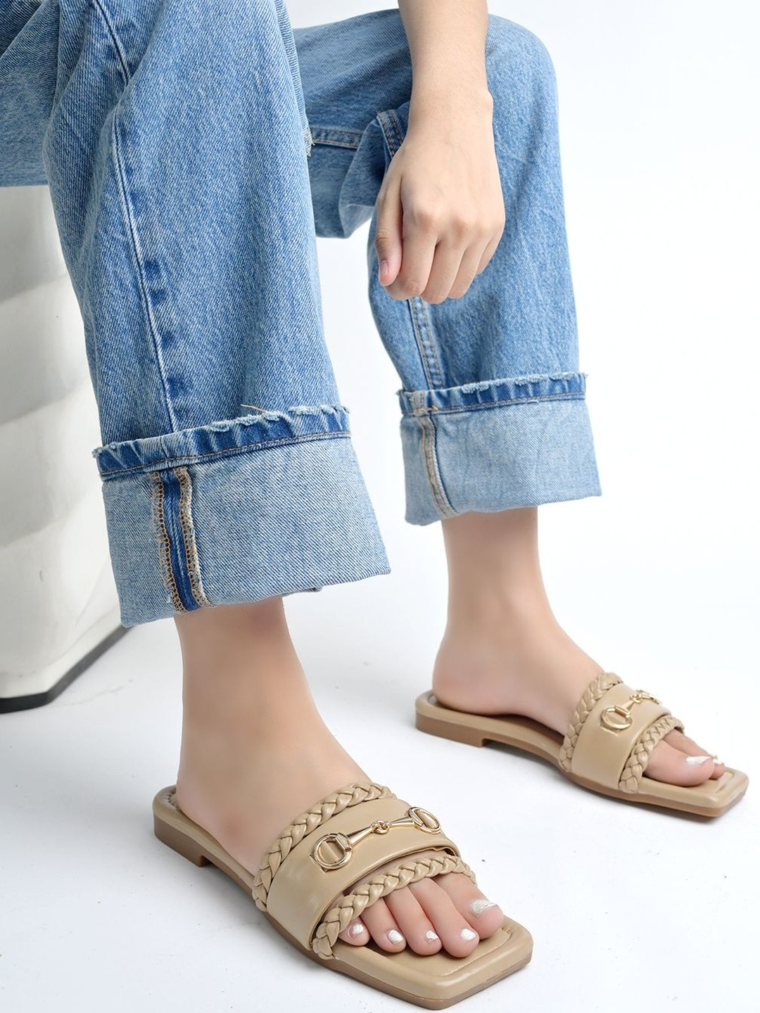 SZN Women Beige Braided Strap Flat Sandal