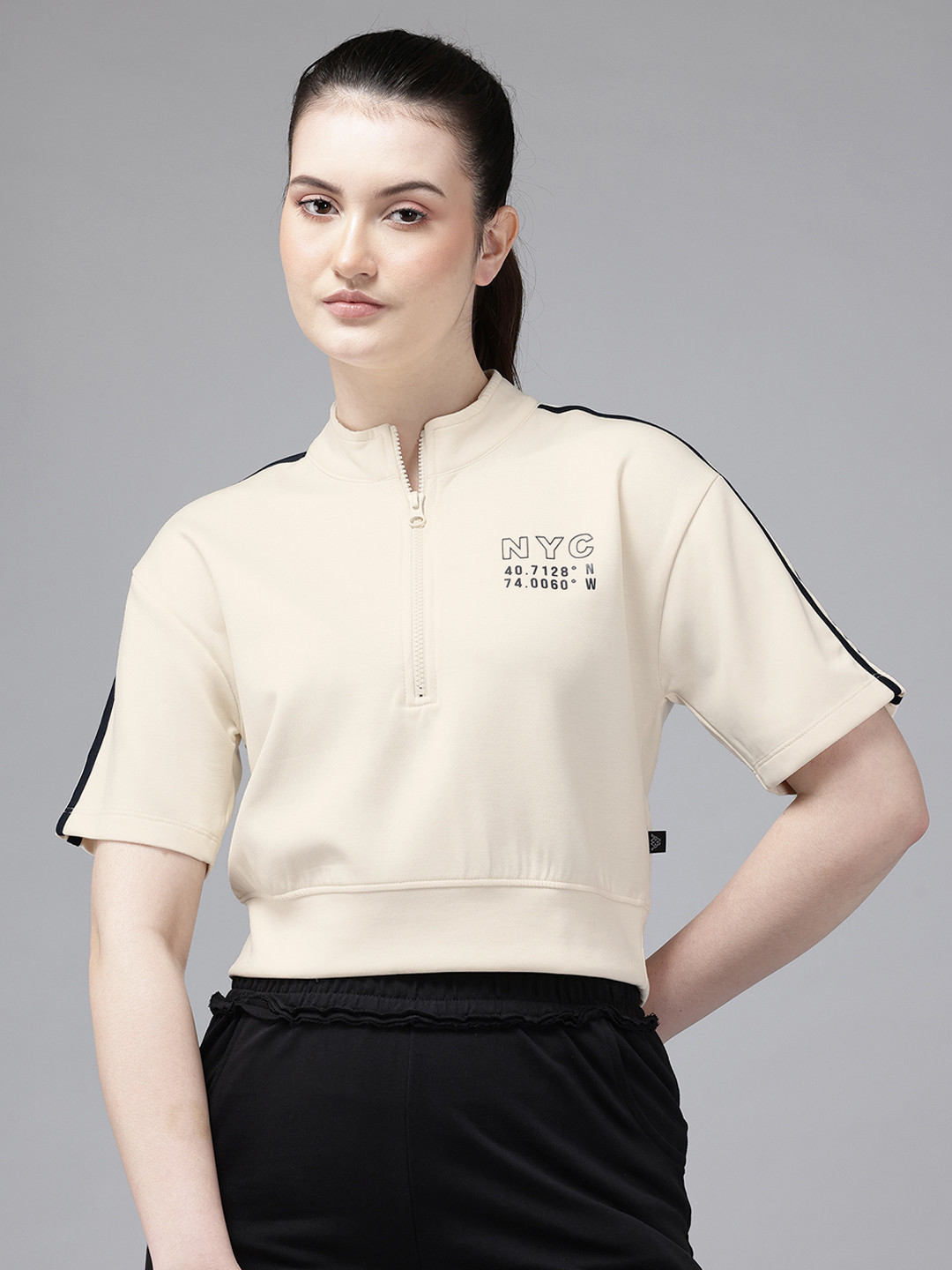 PERFKT-U Graphic Printed High Neck Drop-Shoulder Sleeves Boxy T-shirt