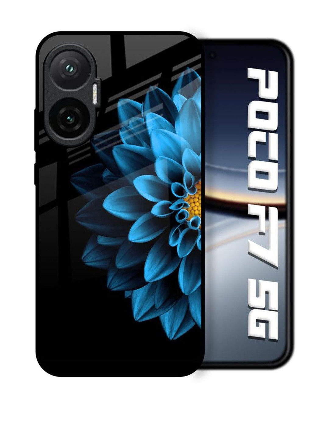 QRIOH Half Blue Flower Printed Poco F7 5G Glass Back Case Mobile Accessories