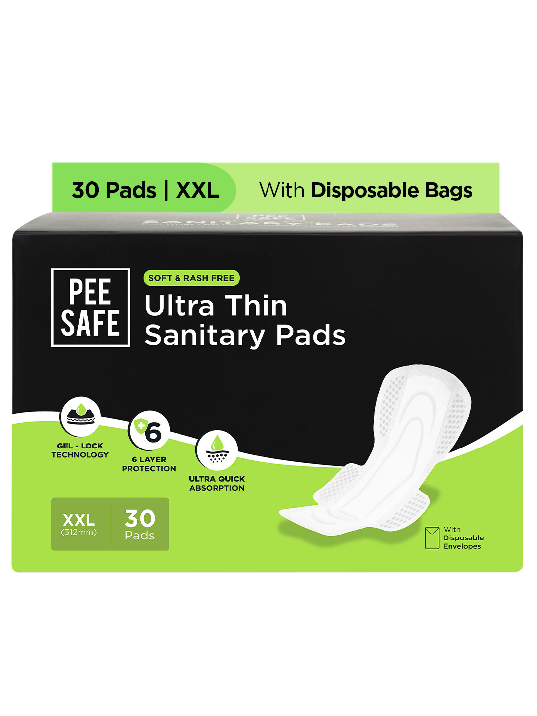 PEESAFE Ultra Thin Extra Long Unscented Sanitary Pads - 30 Pads