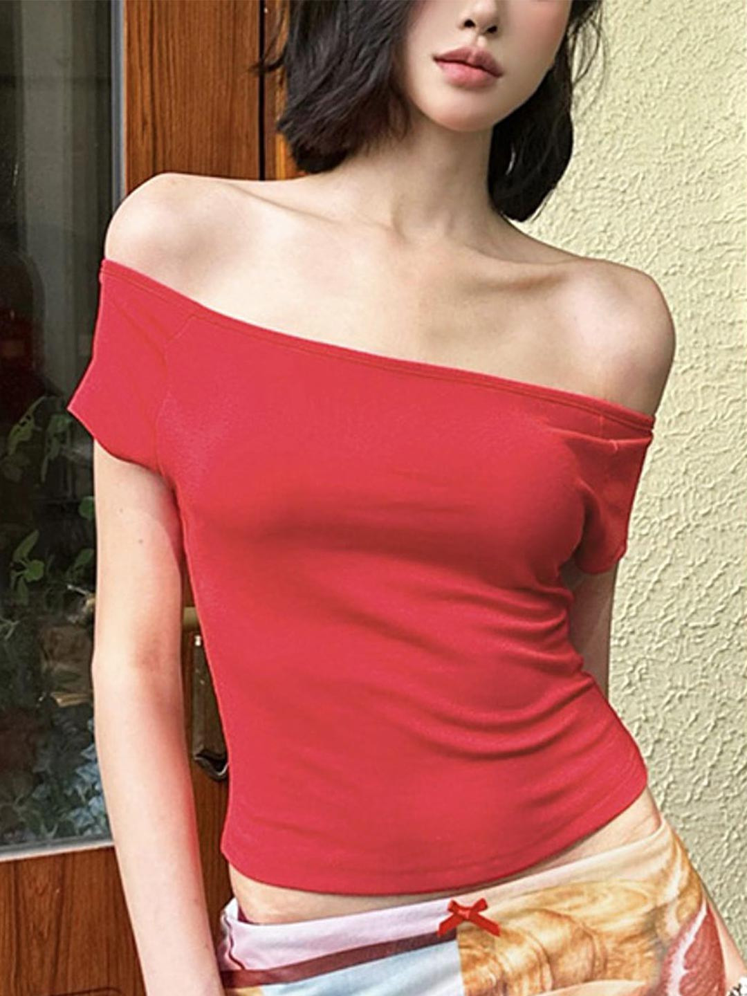 LULU & SKY Women Off-Shoulder Cut Out Bardot Crop Top