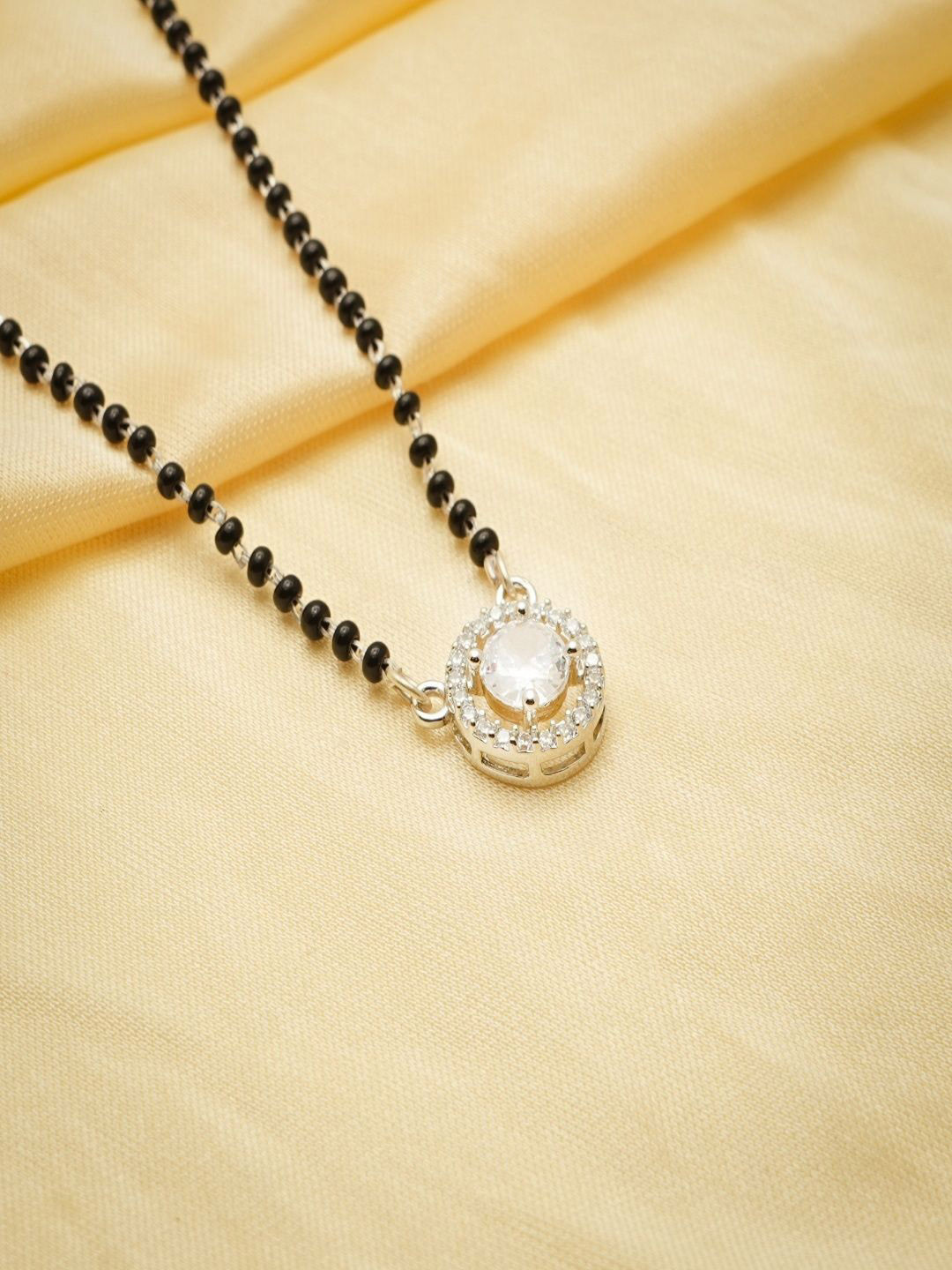 TASSYA Silver Silver-Plated Artificial Stones Studded And Beaded Halo Circular Mangalsutra