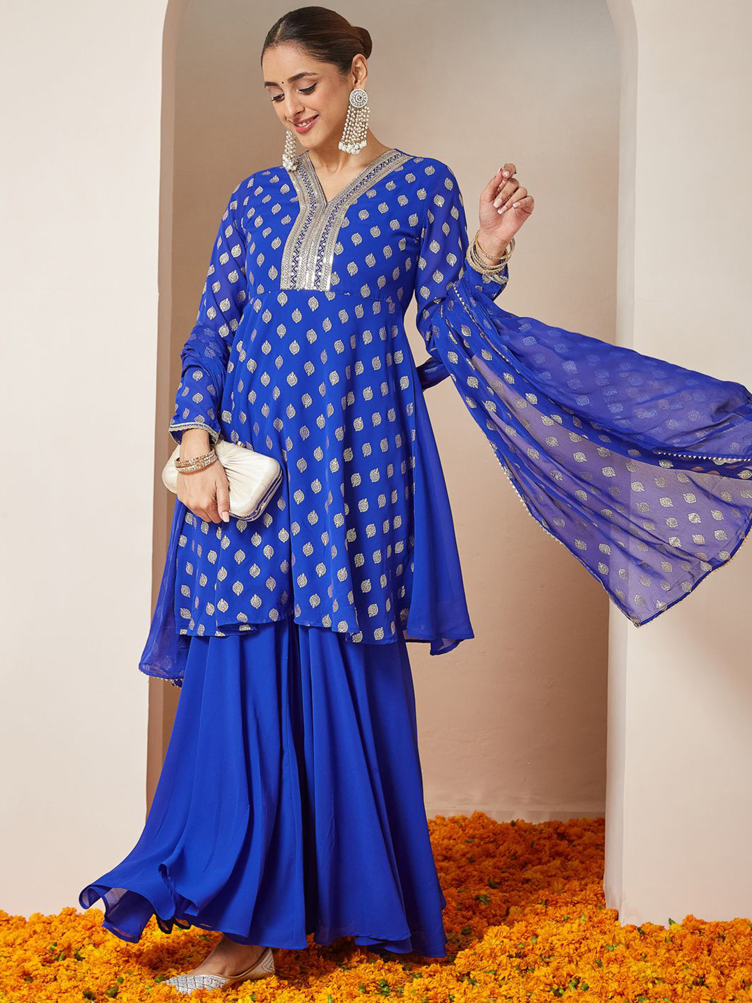 Janasya Women Royal Blue Georgette Embellished Gold Printed A-line Kurta with Sharara&Dupatta Set