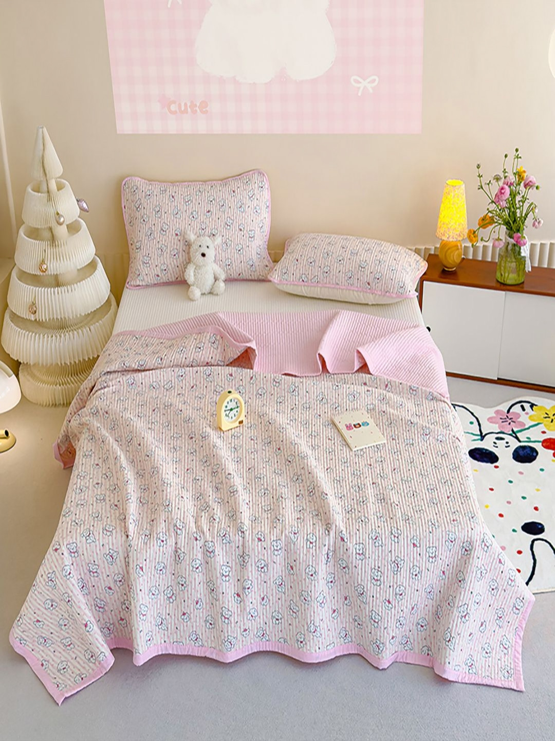 JC HOME Pink & White Cartoon Characters Single Bed Covers - 1.50 x 2 m