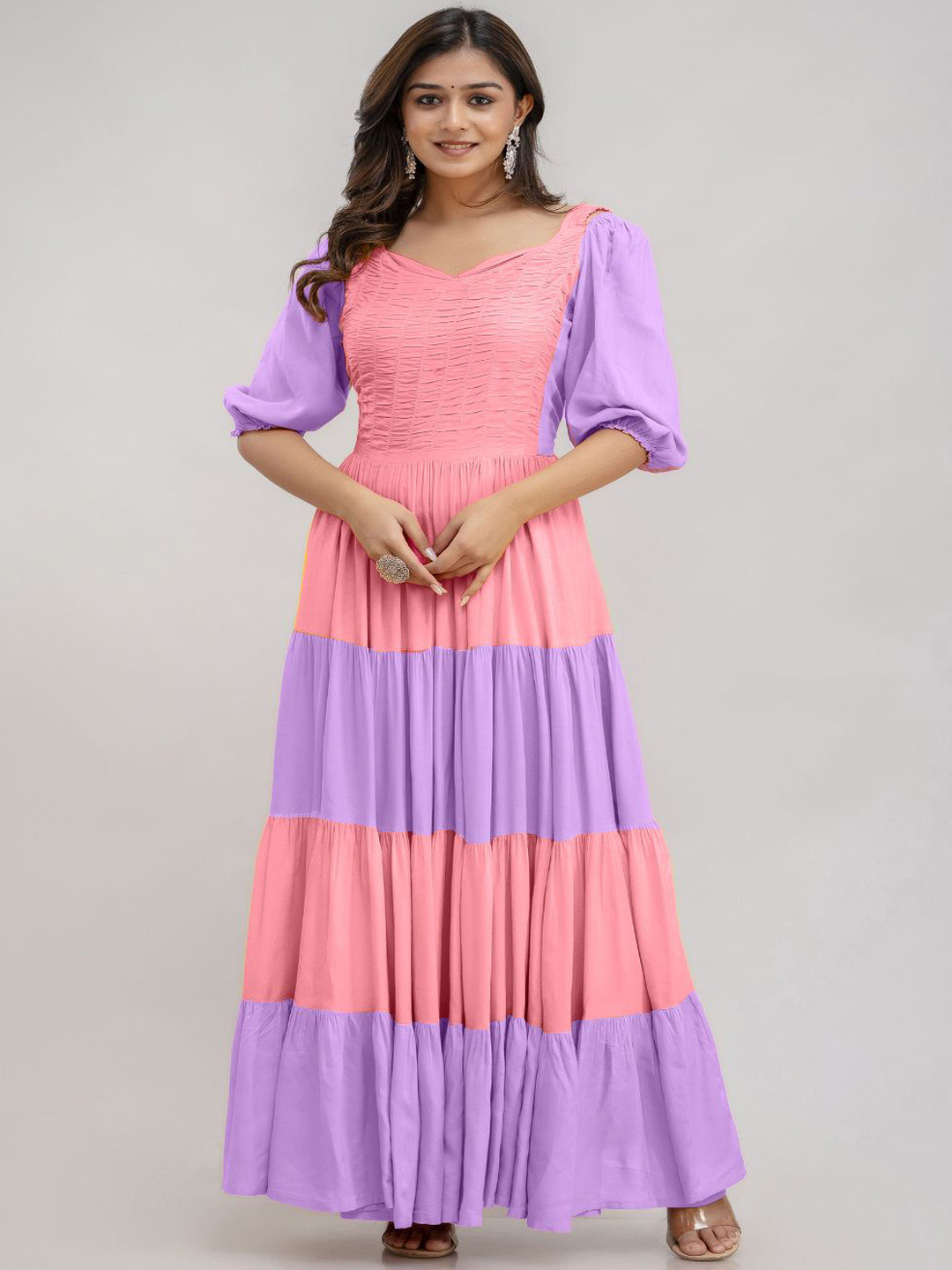 ftDiva Women Colourblocked Round Neck Three Fourth Sleeve Ethnic Dresses