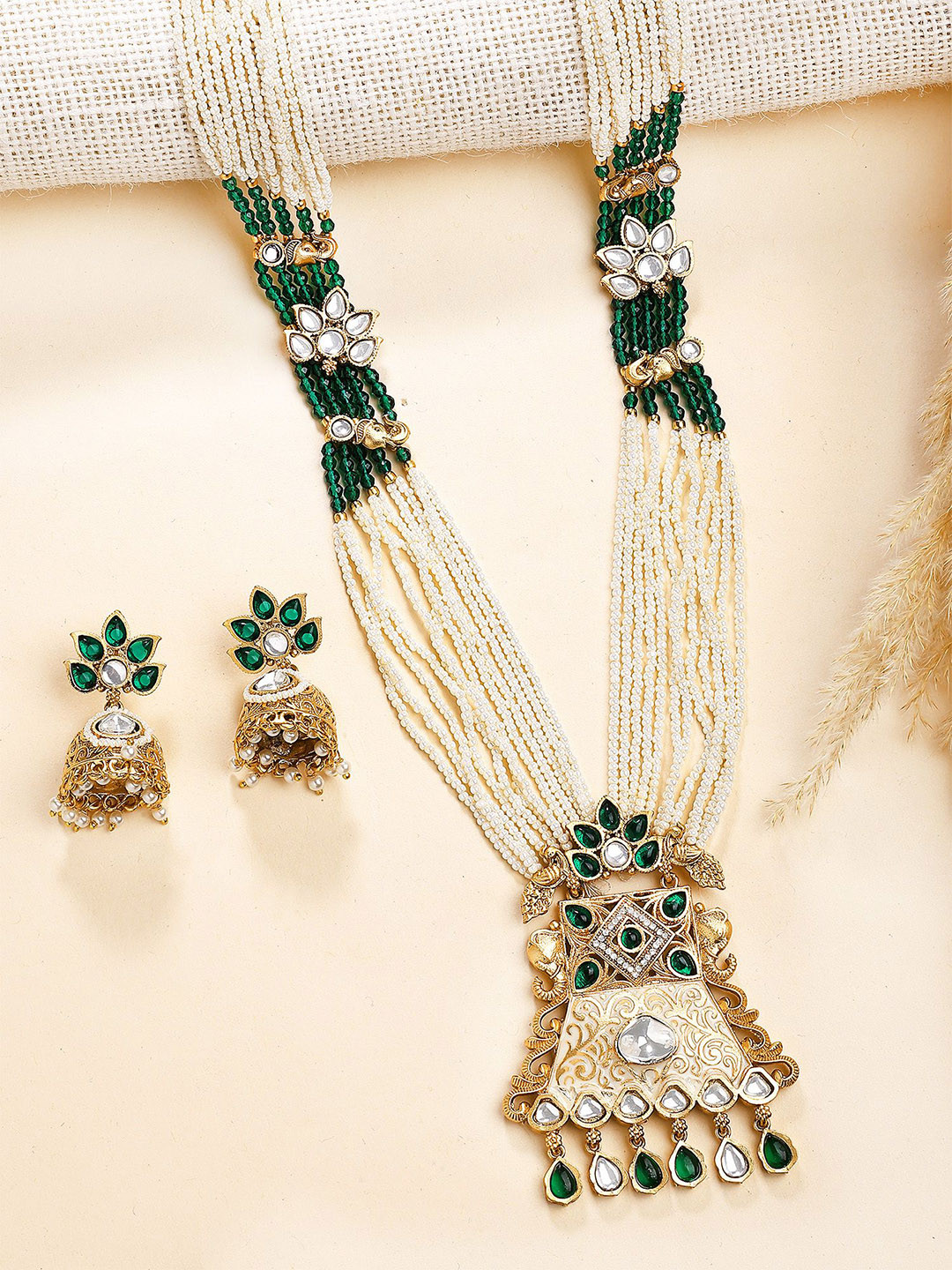 KARATCART Gold-Plated Kundan-Studded & Beaded Meenakari Rani Haar Jewellery Set