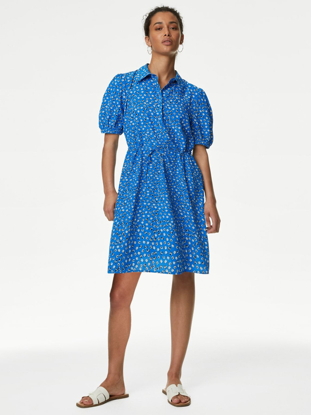 Marks & Spencer Women Printed Shirt Collar Puff Sleeve Fit and Flare Dress