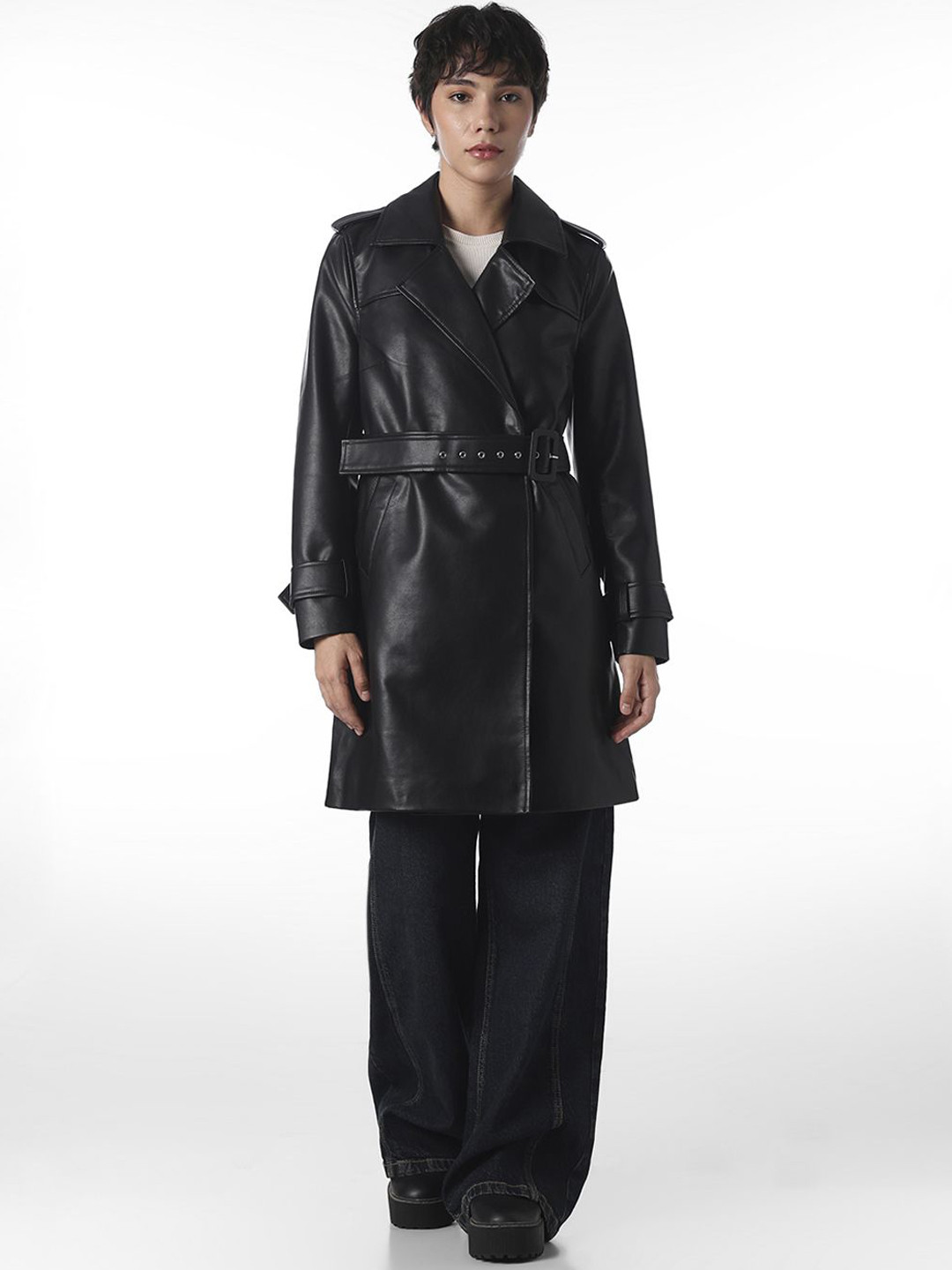 ONLY Women Lapel Collar Solid Leather Jacket