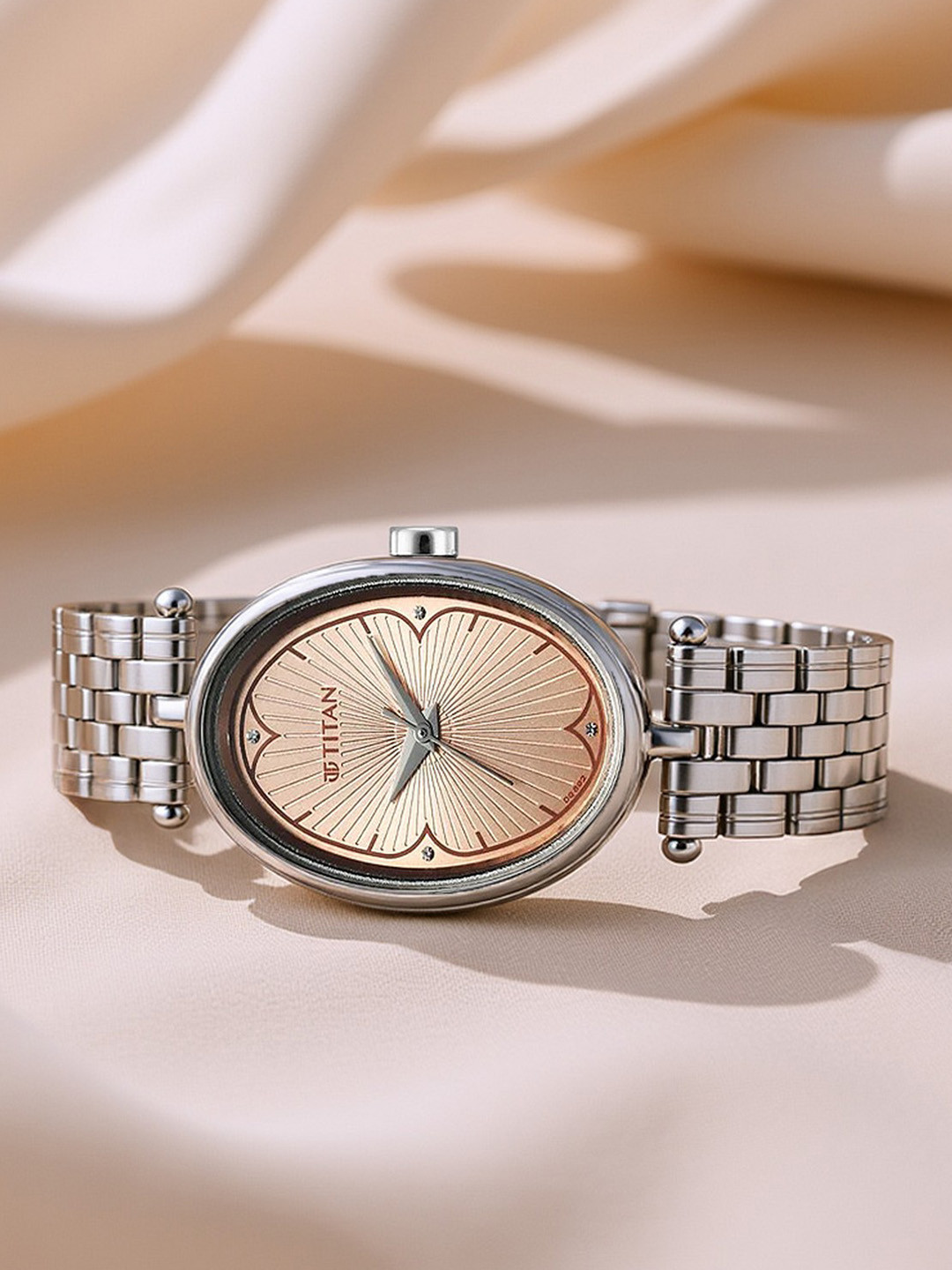 Titan Women Brass Embellished Dial & Stainless Steel Bracelet Style Straps Analogue Watch 2758SM01