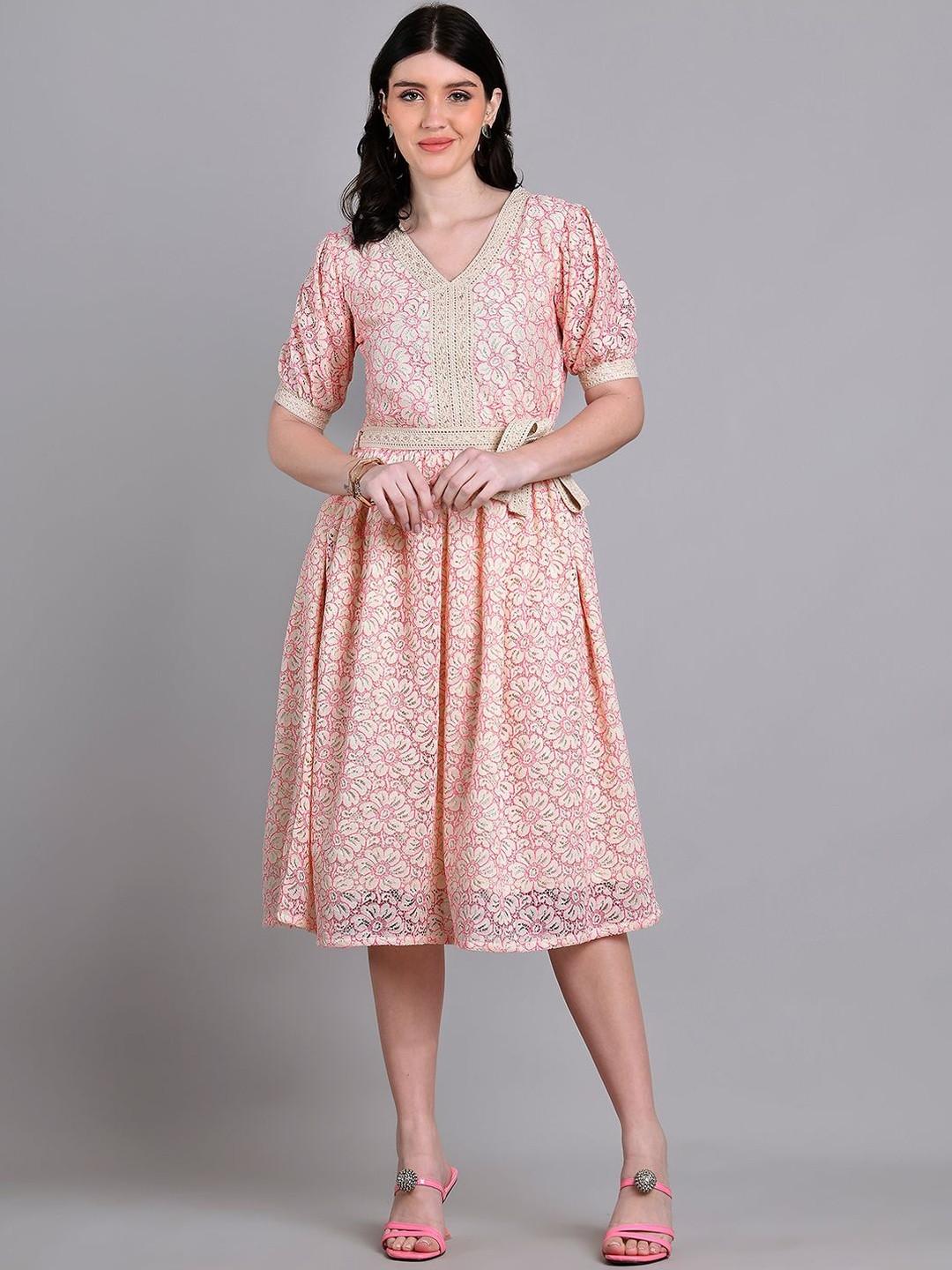 DressBerry Women Pink Floral Printed V-Neck With Lace Insert Fit & Flare Dress