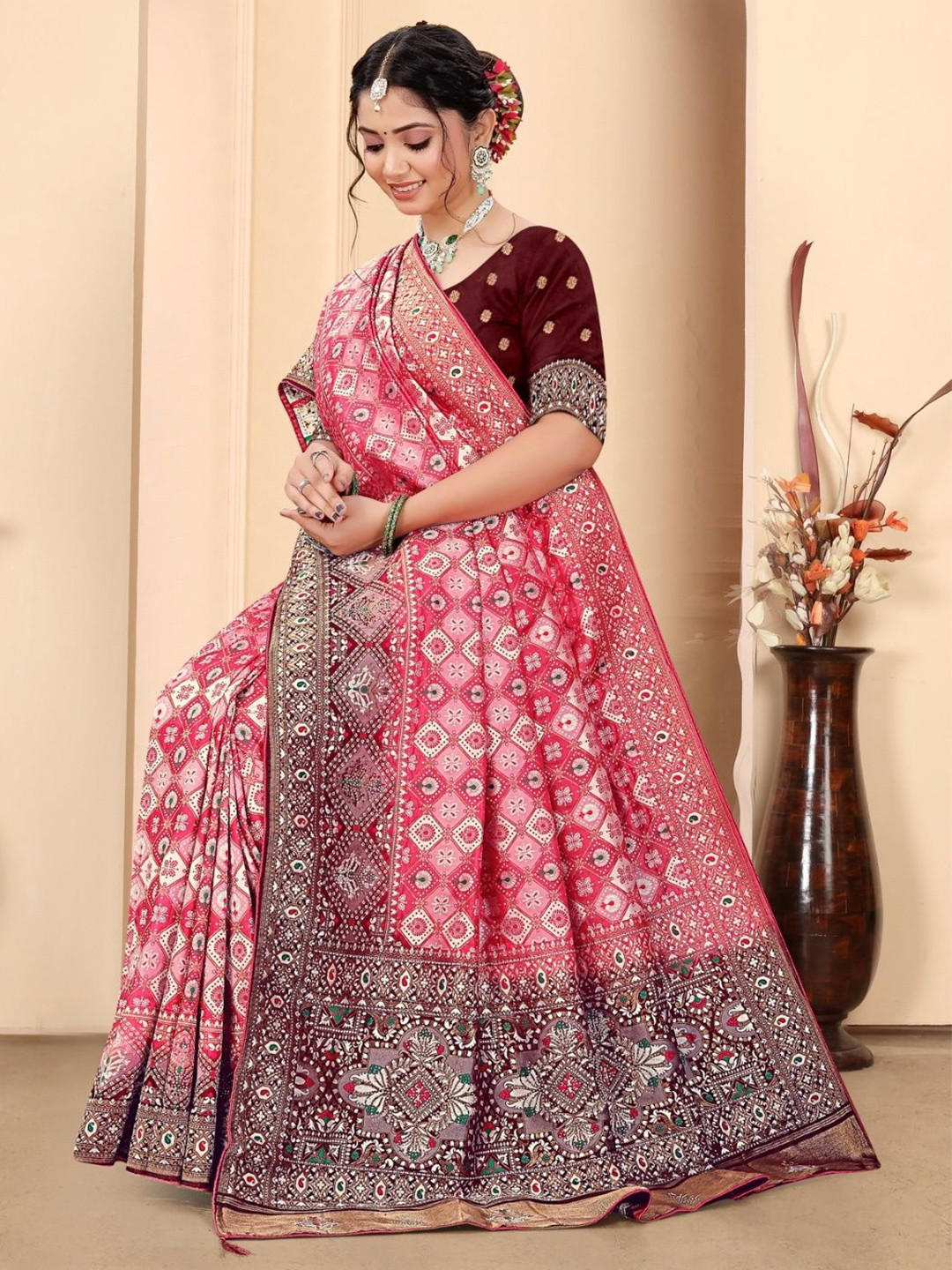 ENDECOR Ethnic Motif Woven Design Embroidered Saree