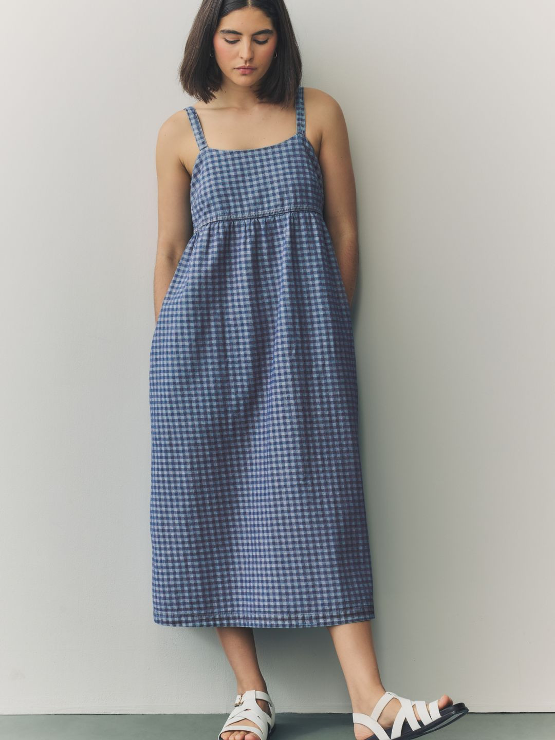 NEXT Checked Smocked Detail Pure Cotton Shoulder Straps Denim Midi A-Line Dress
